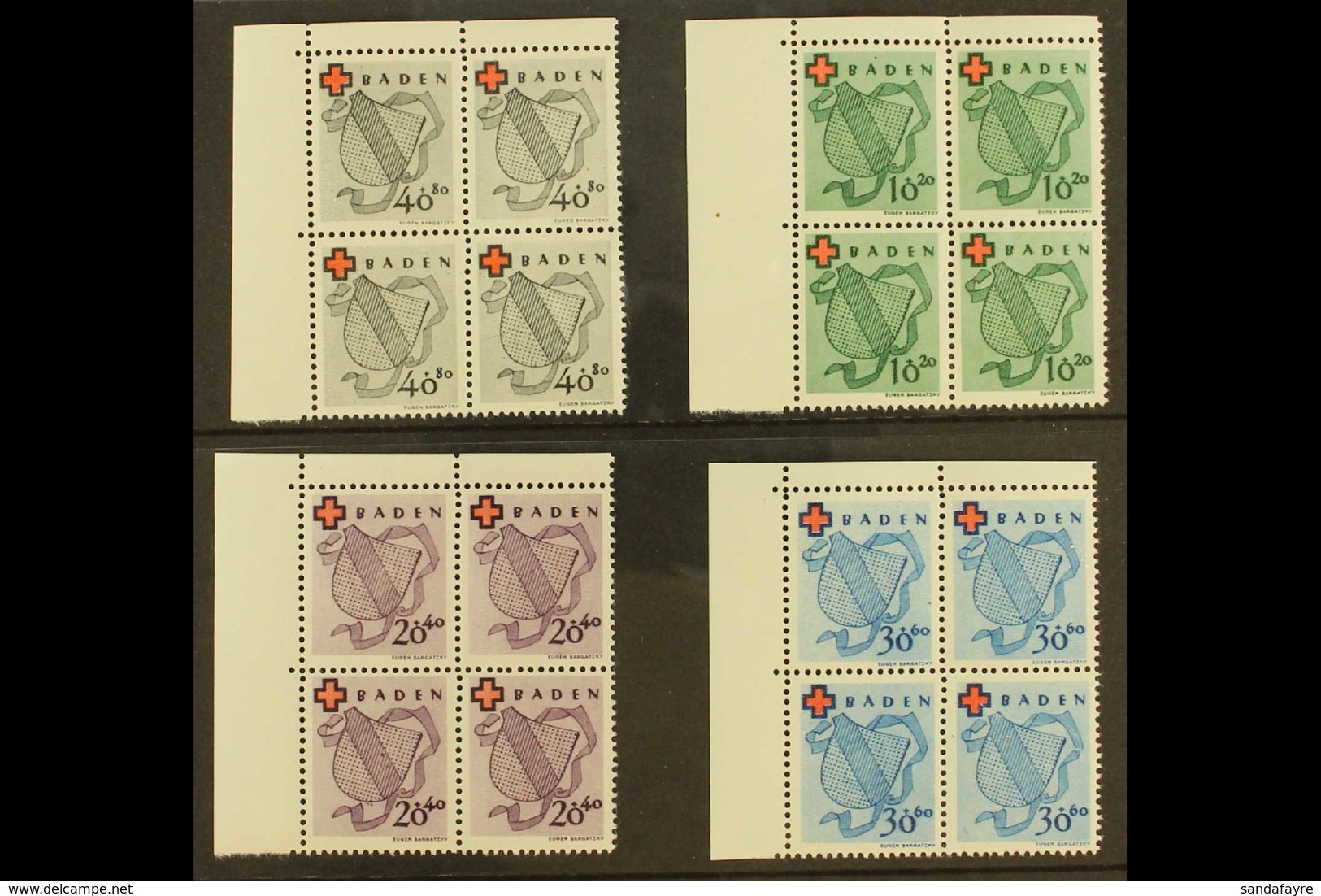 FRENCH ZONE BADEN 1949 Red Cross Complete Set (Michel 42/45 A, SG FB42/45), Never Hinged Mint Upper Left Corner BLOCKS O - Other & Unclassified