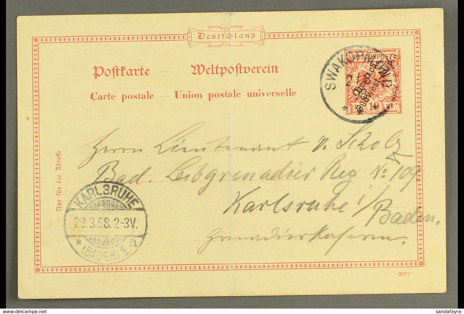 SOUTH WEST AFRICA 1898 (3 Mar) 10pf With Diagonal Opt Postal Stationery Card To Germany Cancelled By Fine "SWAKOPMUND" C - Other & Unclassified