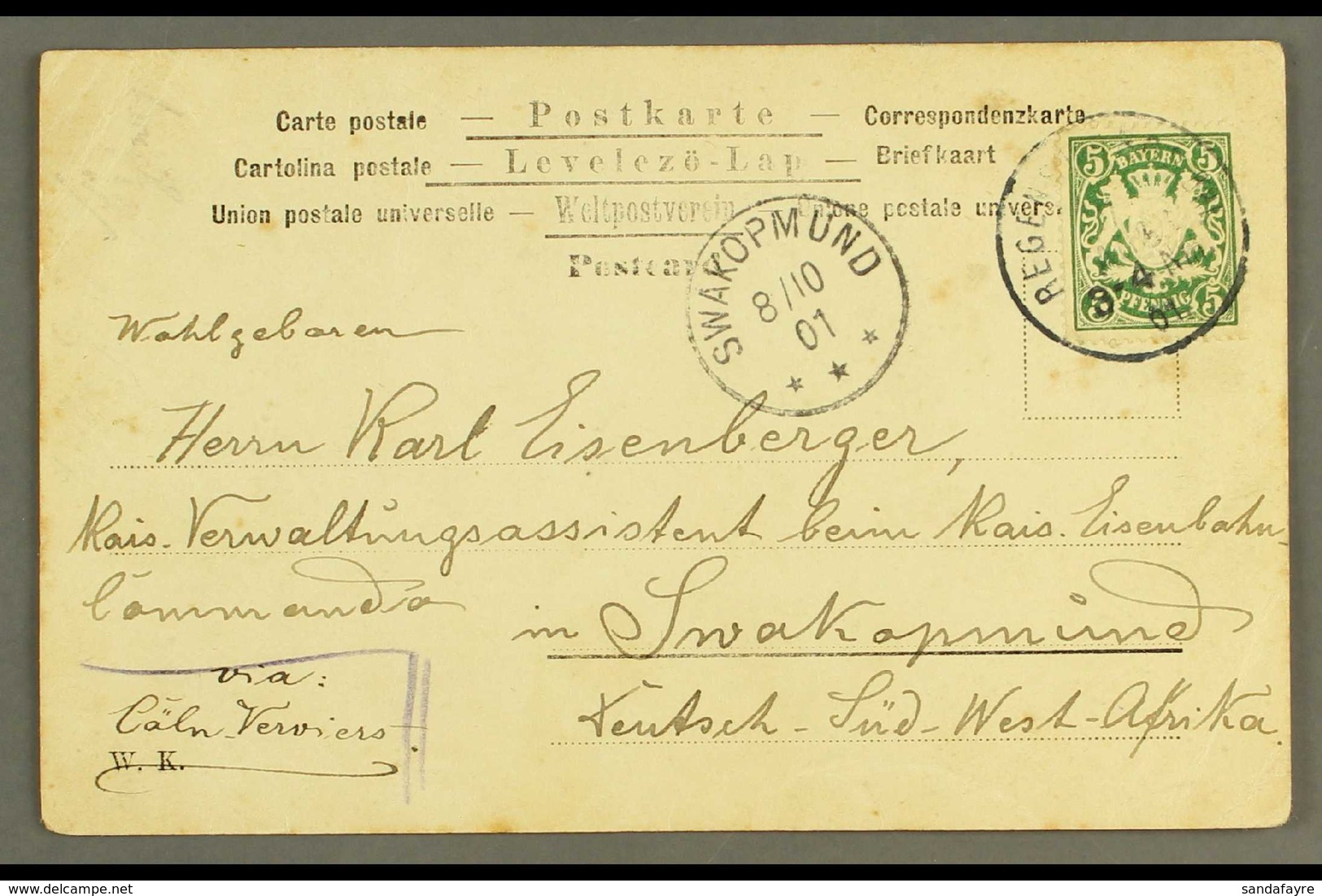 SOUTH WEST AFRICA 1901 (8 Oct) Incoming Ppc From Germany Addressed To A Member Of The "Eisenbahn - Commando" In Swakopmu - Autres & Non Classés