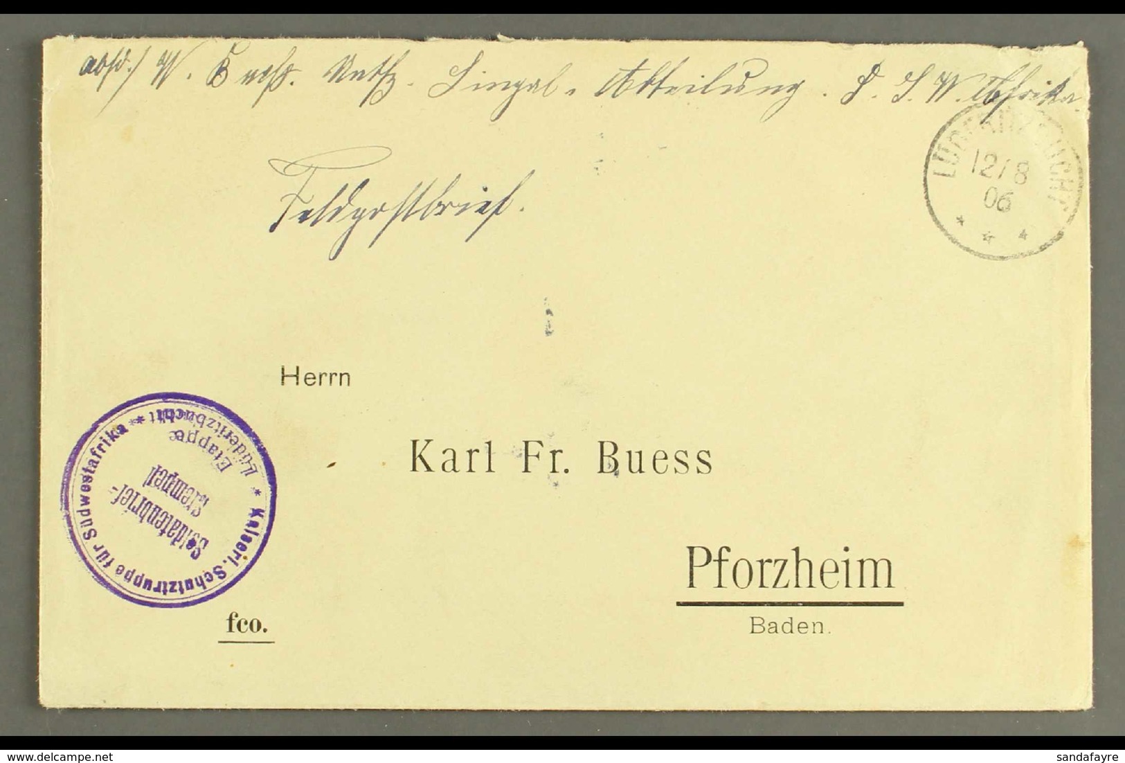 SOUTH WEST AFRICA 1906 (12 Aug) Stampless Feldpost Cover To Germany Showing A Fine "LUDERITZBUCHT" Cds Postmark, The Las - Other & Unclassified