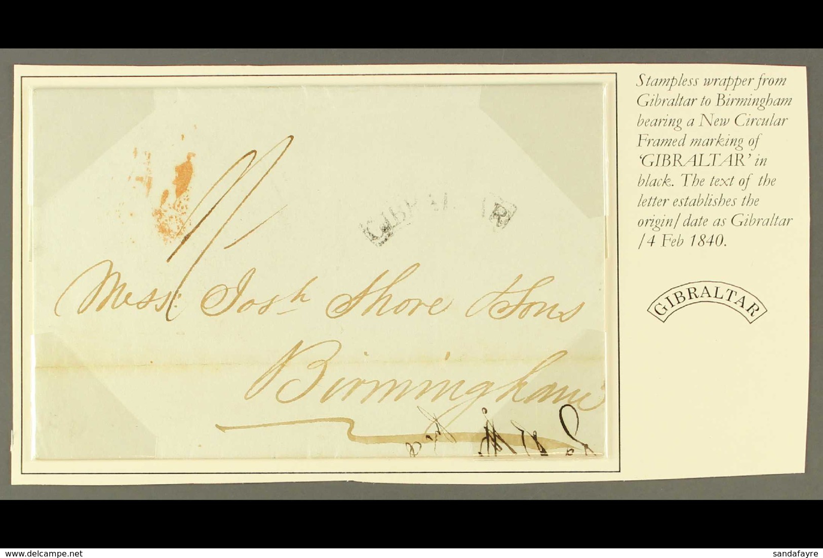 1840 (4 Feb) Entire From Malaga To Birmingham Bearing A Strike Of The "GIBRALTAR" Arc And Neat London Cds On Reverse. Fr - Gibraltar