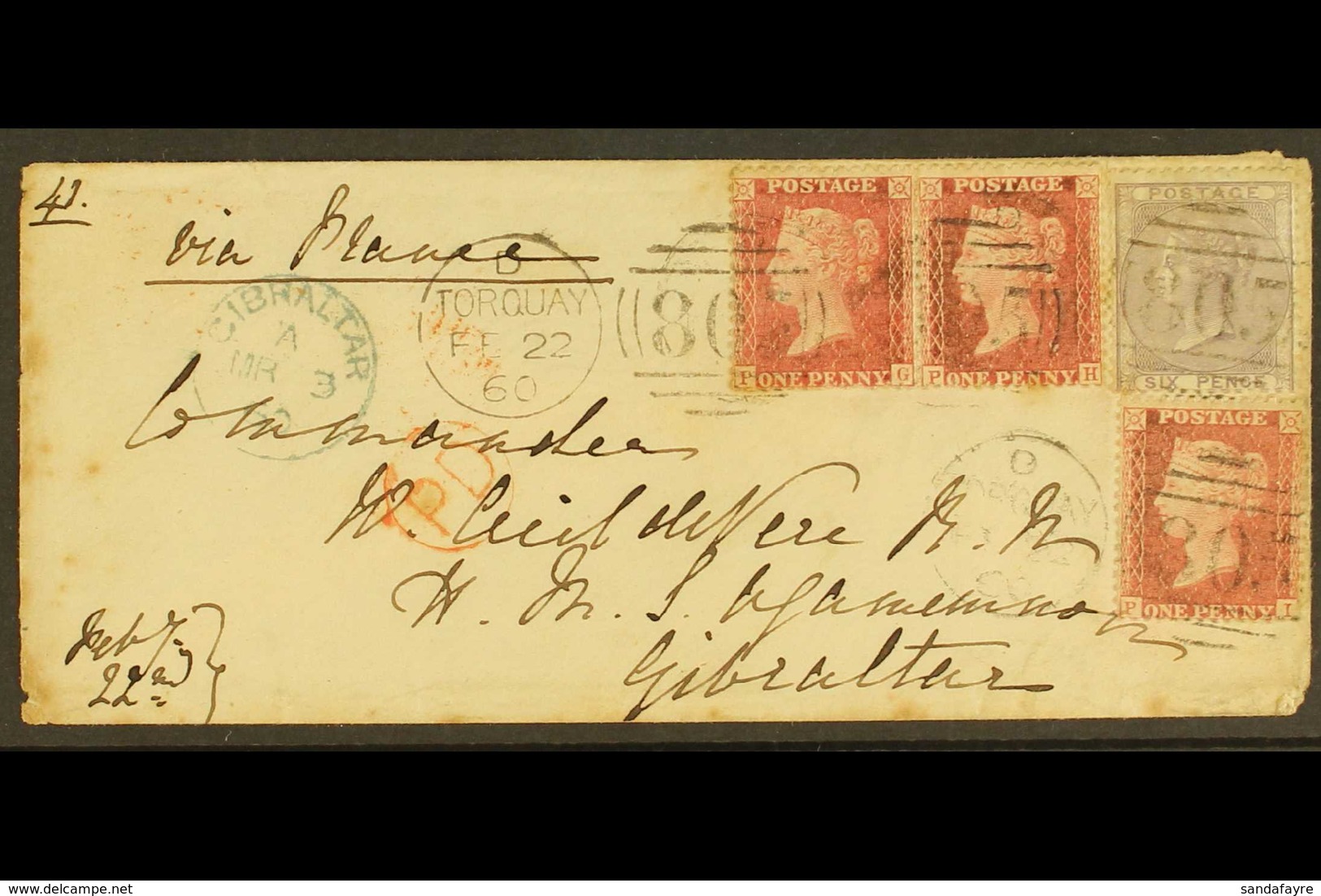 1860 (22 Feb) Env From Torquay To The Commander Of HMS Agamemnon At Gibraltar Bearing A Lovely Franking Of 1d Reds (3) A - Gibilterra