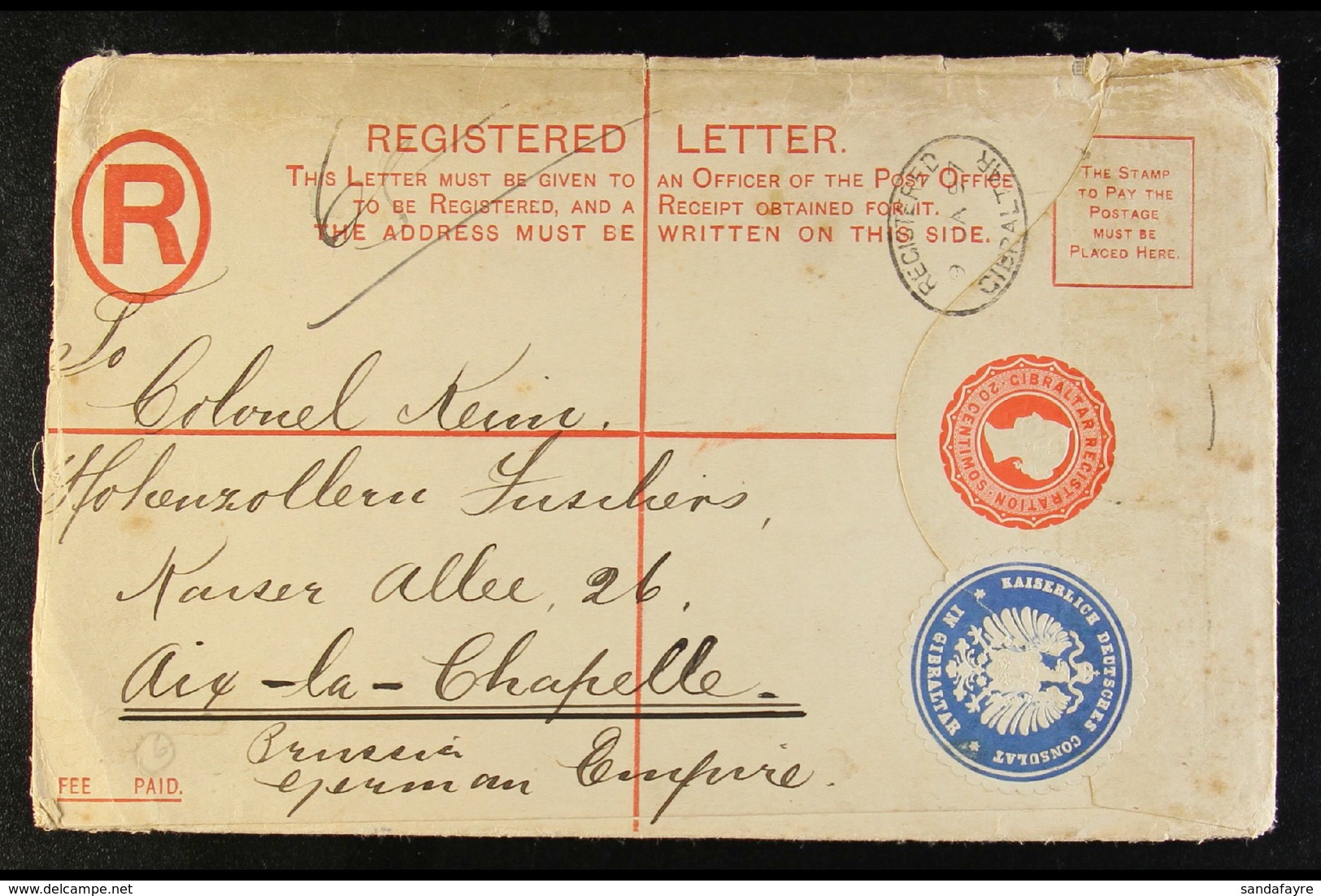 1897 GERMAN CONSULATE COVER. (9 Jan) 20c Postal Stationery Registered Envelope (H&G 9) Addressed To Germany, Cancelled B - Gibilterra