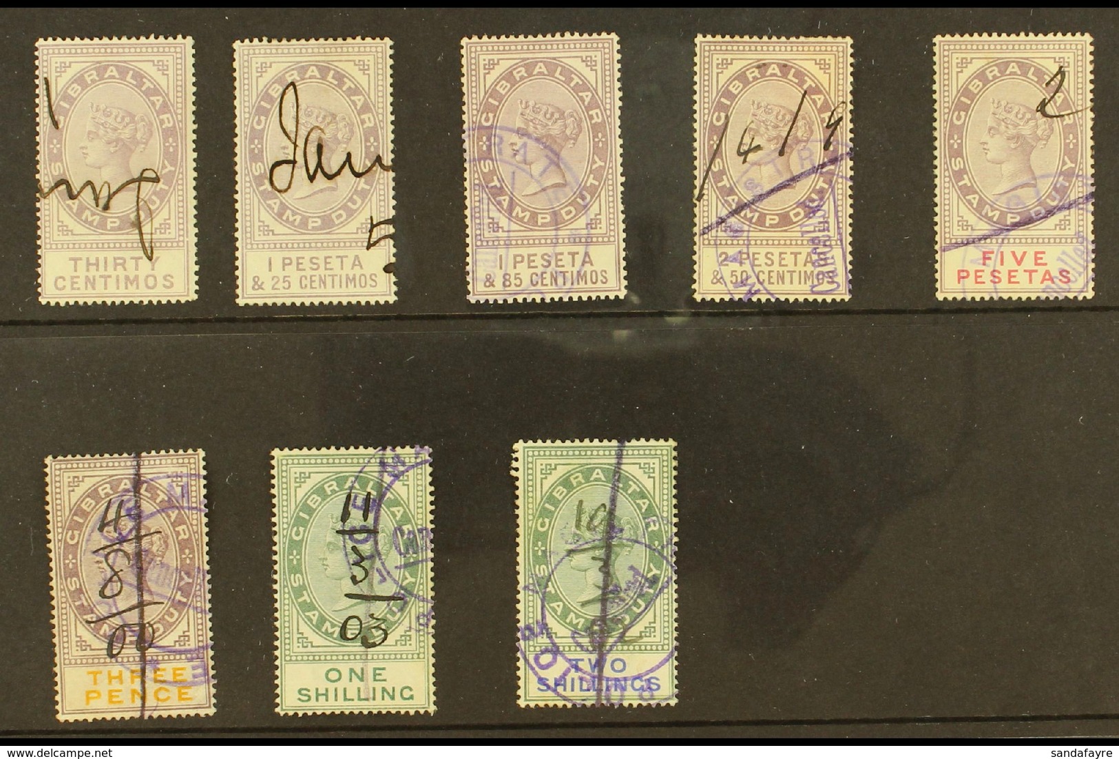 REVENUE STAMPS STAMP DUTY 1894 30c, 1p25, 1p85, 2p50 And 5p (Barefoot 1/2 & 4/6); Plus 1898 3d, 1s And 2s (Barefoot 10/1 - Gibilterra