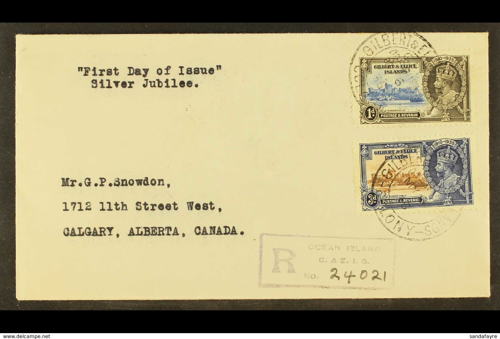 1935 SILVER JUBILEE FDC. 1d And 3d Silver Jubilee, SG 36 And 38, Fine Used On Reg FDC To Canada, Tied By GILBERT & ELLIC - Isole Gilbert Ed Ellice (...-1979)