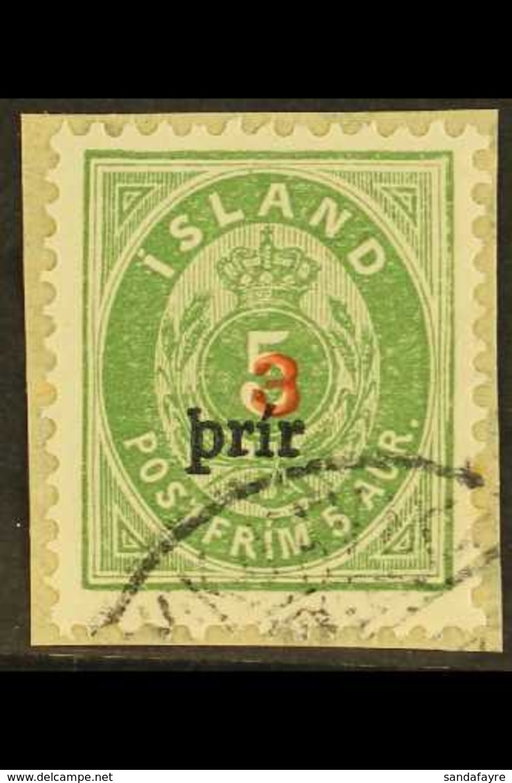 1897 "3" On 5a Green Surcharge Small Letters Perf 12¾ (Facit 34, SG 38, Michel 18 B II), Very Fine Used On Small Piece,  - Other & Unclassified