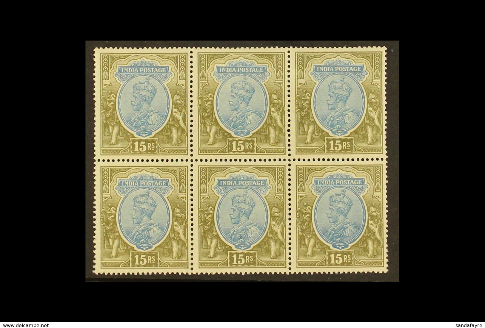 1926-33 15r Blue And Olive, Wmk Multiple Stars Upright, SG 218, Mint BLOCK OF SIX, All Never Hinged, Some Mild Gum Disco - Altri & Non Classificati