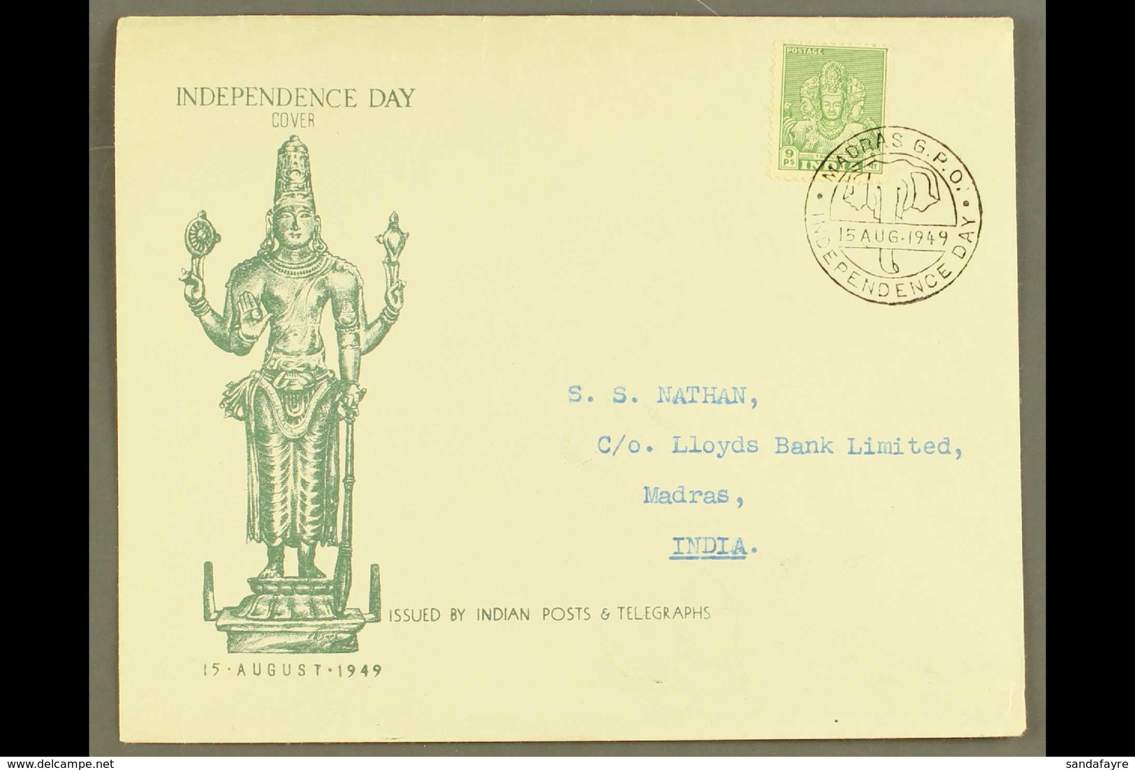 1949 9p Yellow-green Definitive, SG 311, On Independence Day Illustrated First Day Cover Tied By "MADRAS G.P.O. / INDEPE - Altri & Non Classificati