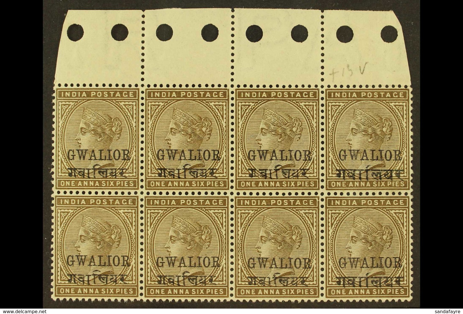 GWALIOR 1885-97 1a6p Sepia Overprint Never Hinged Mint Upper Marginal BLOCK Of 8 Containing Six Stamps With Opt 13-14mm  - Altri & Non Classificati