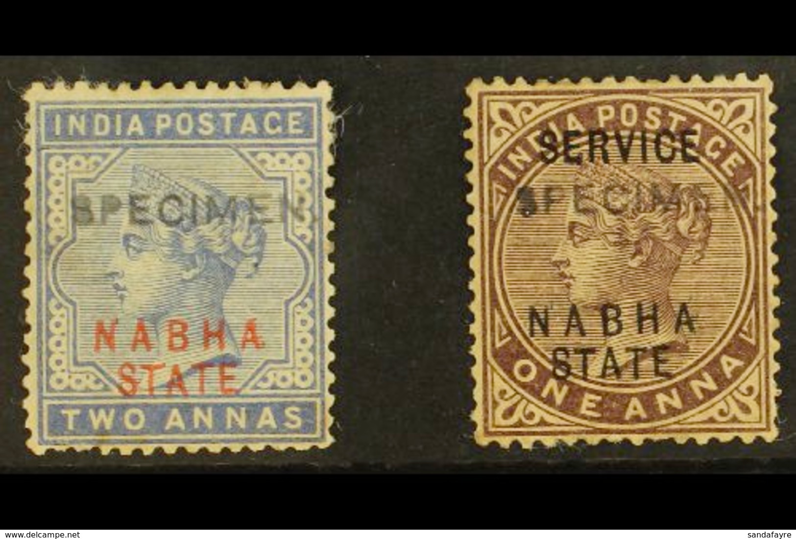 NABHA 1885 Red Overprint 2a Dull Blue, Plus Official 1885 1a Brown-purple, Both With "SPECIMEN" Handstamps, SG 11s And S - Altri & Non Classificati