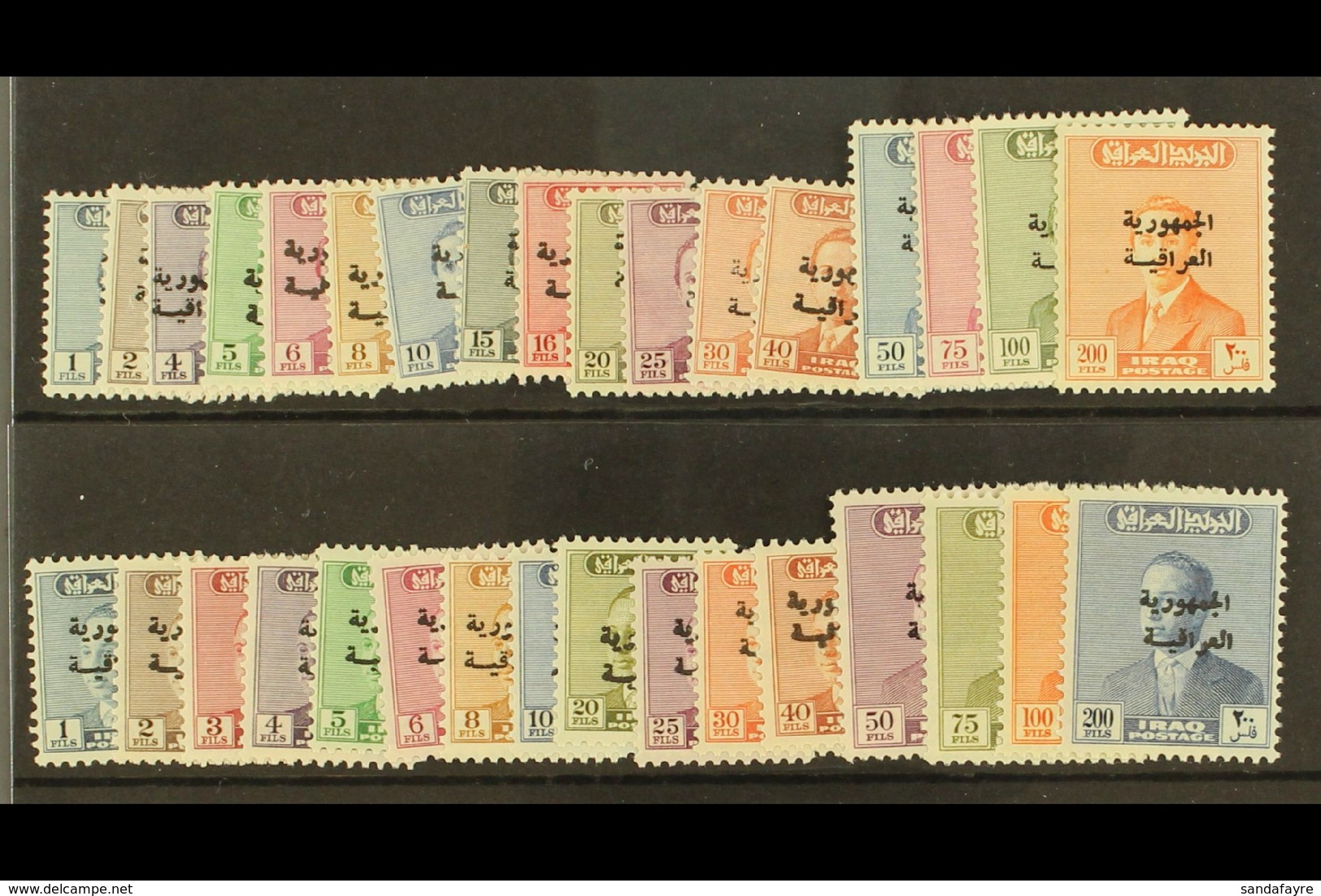 1958-60 "Republic" Overprints On 1954-57 & 1957-58 Issues Complete Sets, SG 426/42 & 443/58, Very Fine Never Hinged Mint - Iraq