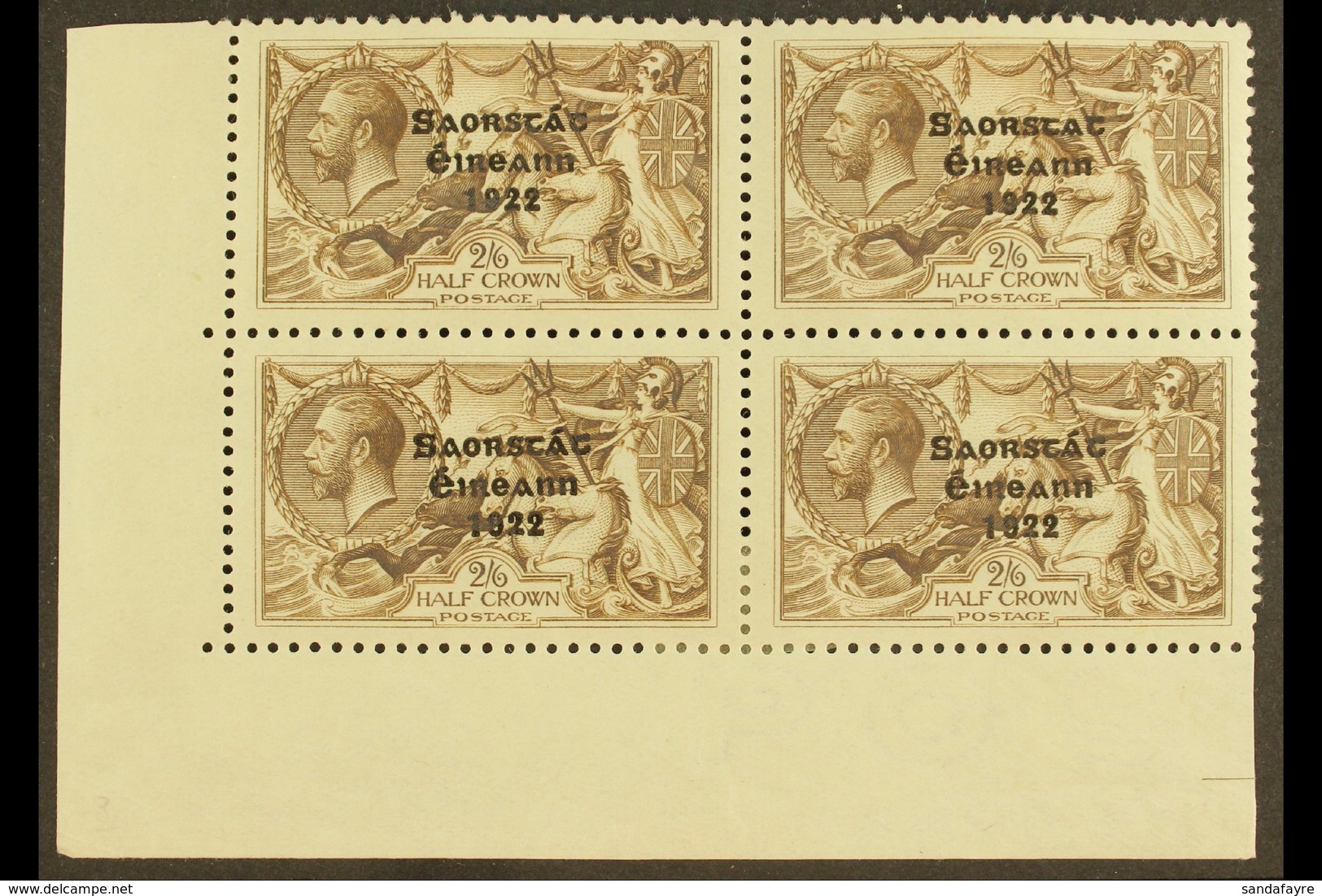 1922 2s 6d Chocolate Brown, Corner Marginal Block Of 4, Top Right Stamp Showing The Variety "No Accent", SG 64/64b, Very - Altri & Non Classificati