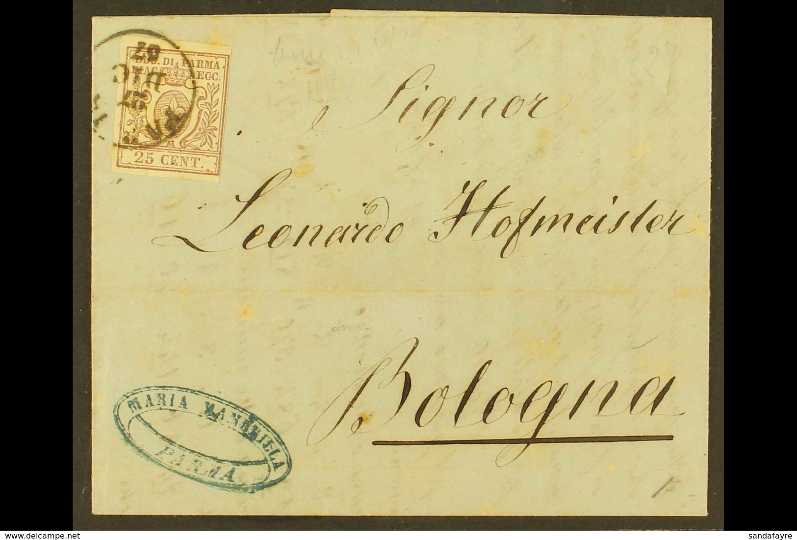 PARMA 1857 E/L To Bologna Bearing A 1857-59 25c Fleur De Lis With 4 Margins (1 Close) Tied By A Legible Parma Cds, Parma - Unclassified