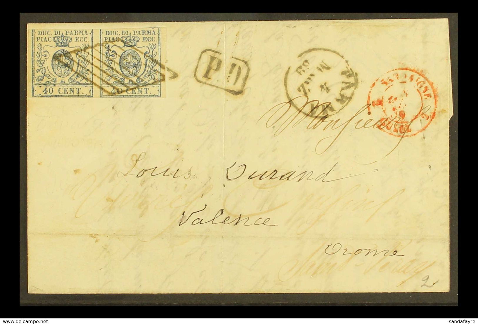 PARMA 1859 Cover To France Franked 40c Blue Horizontal Pair, Showing The Variety "Thin And Fat O In Pair", Sass 11d, Cut - Non Classificati