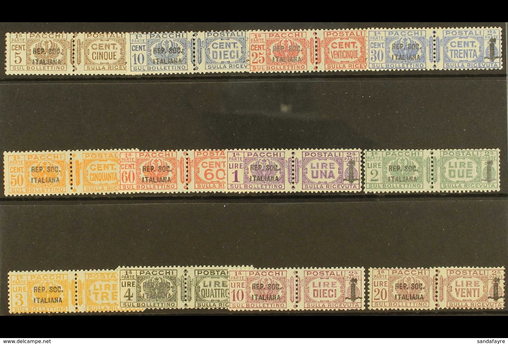 SOCIAL REPUBLIC PARCEL POST 1944 "REP. SOC. ITALIANA" Overprints, Complete Set In Pairs, Sassone 36/47, Mi 36/47, Never  - Non Classificati