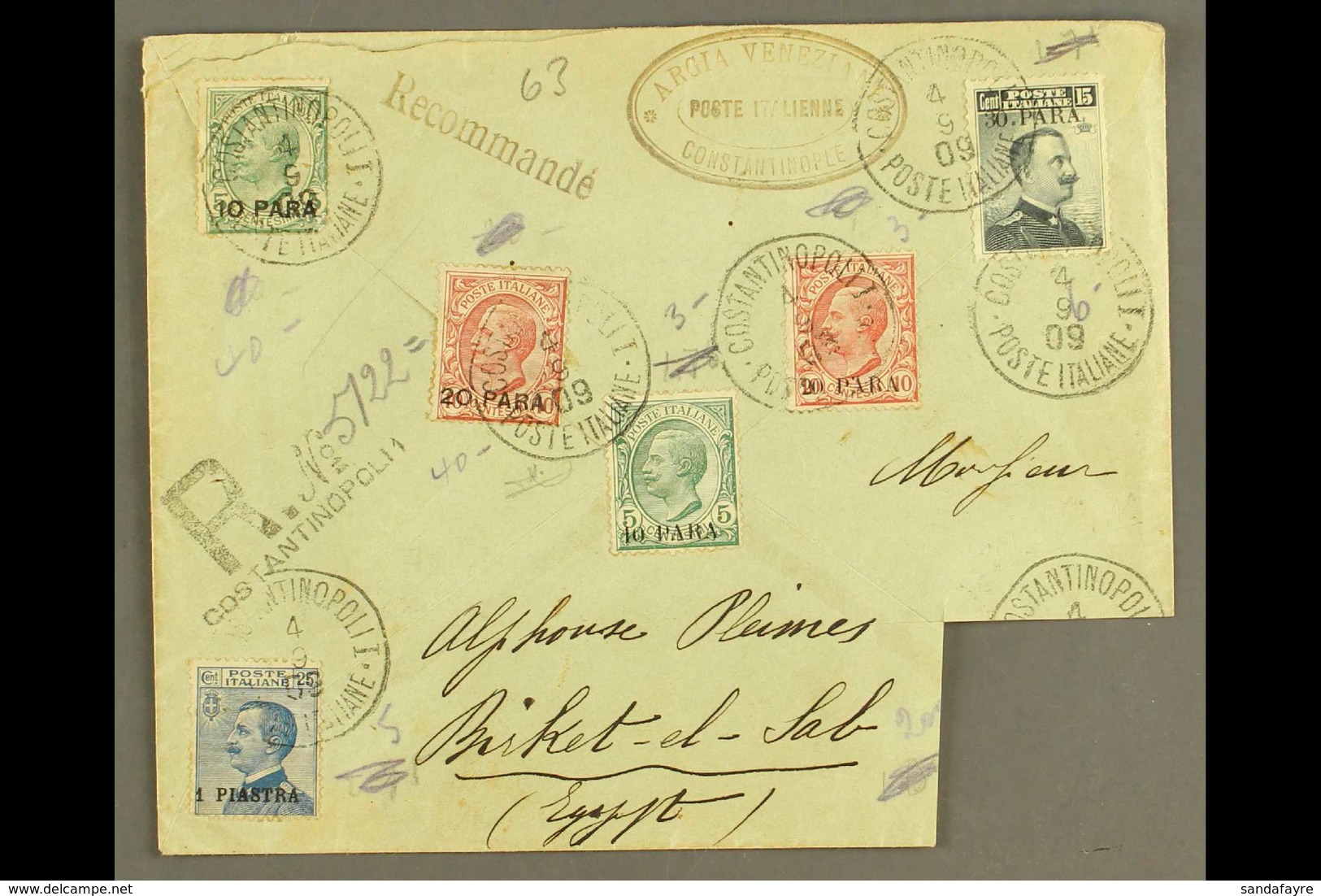 POST OFFICES IN TURKISH EMPIRE 1909 Registered Cover To Egypt, Franked With 1st Issue 1908 10pa On 5c & 20pa On 10c, 2nd - Altri & Non Classificati