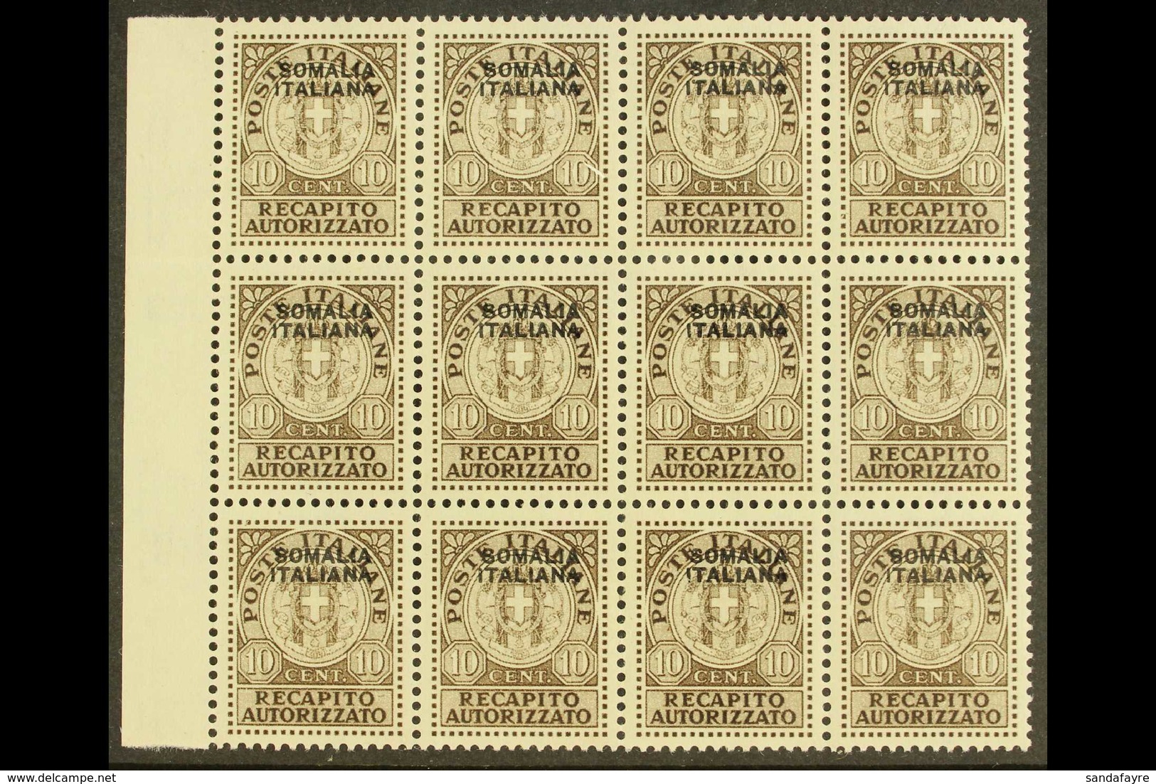 SOMALIA 1939 10c Brown Recapito Autorizzato, Sass 1, Superb NEVER HINGED MINT Marginal Block Of 12. Each Signed Stamp Di - Altri & Non Classificati