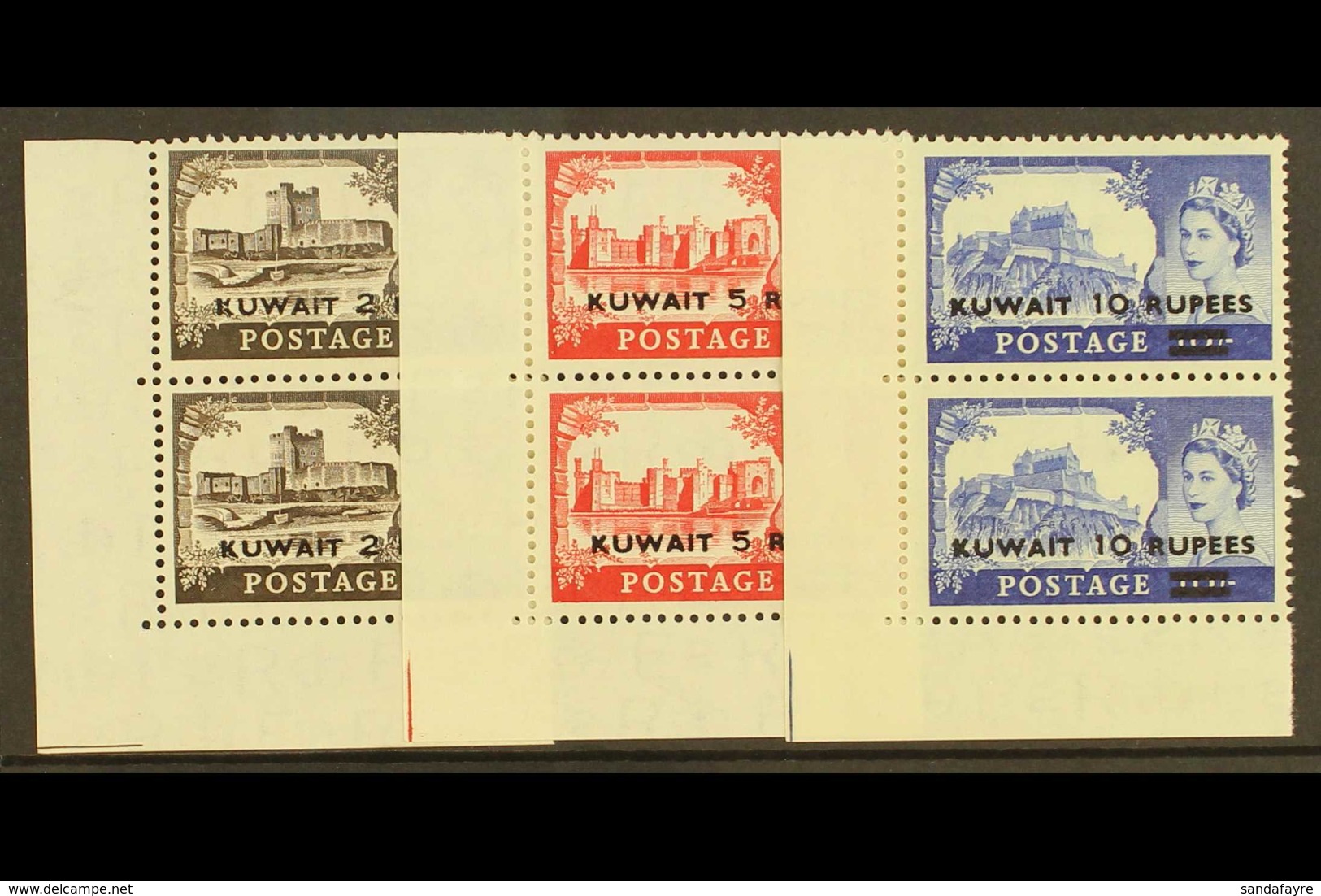 1955-57 NHM TYPE II "Castles" High Values Type II Opt'd, SG 107a/09a, CORNER Vertical Pairs, Never Hinged Mint. Scarce!  - Kuwait