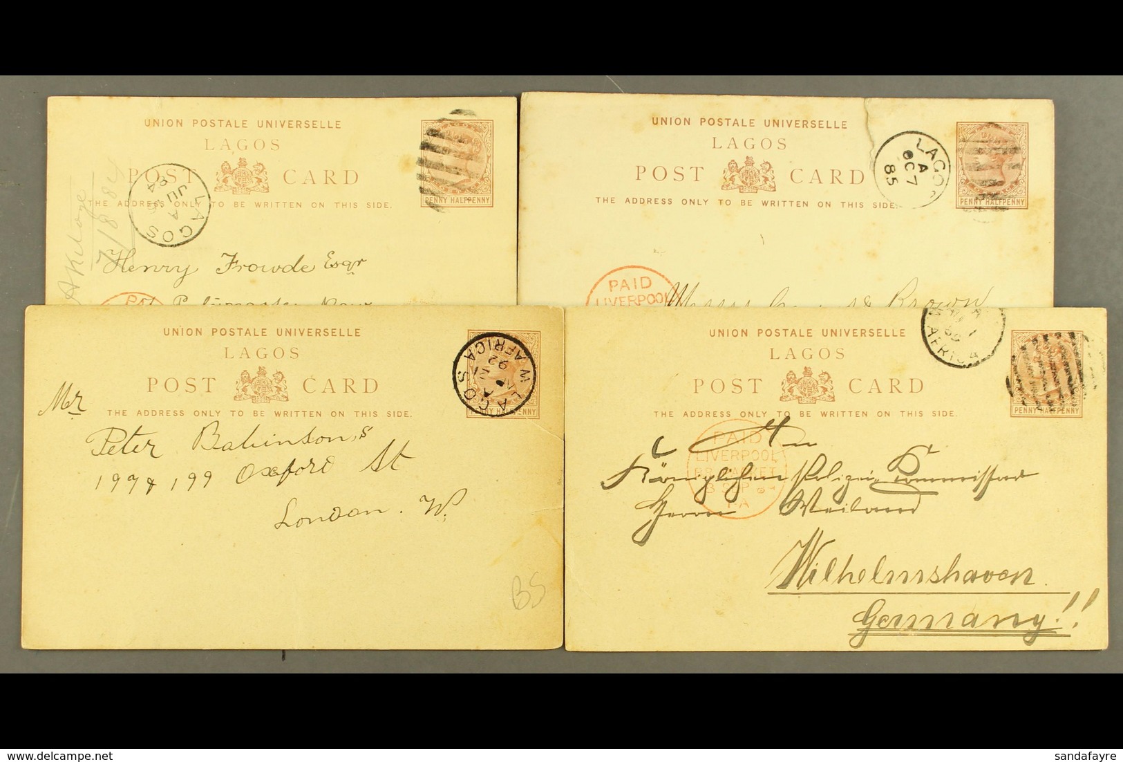 1884-1901 STATIONERY POSTCARDS 1½d Commercially Used To England (3) Or Germany (4) With Lagos Bars Or Cds Cancels, All B - Nigeria (...-1960)