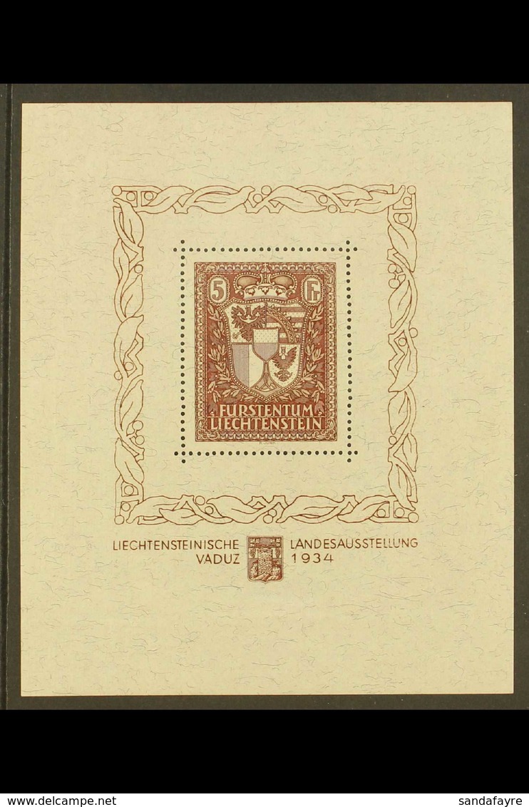 1934 5f Chocolate Exhibition Mini-sheet (Michel Block 1, SG MS144), Superb Never Hinged Mint, Very Fresh, Attractive & S - Other & Unclassified