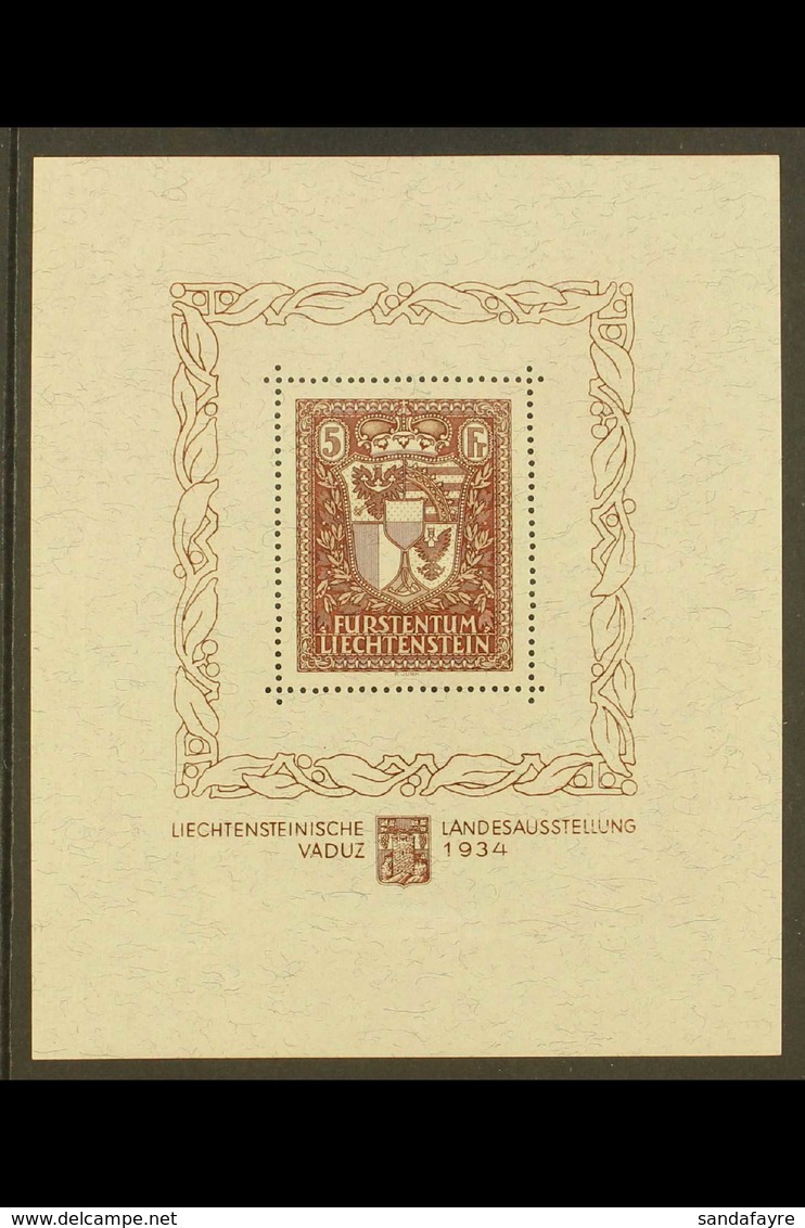 1934 5f Chocolate Exhibition Mini-sheet (Michel Block 1, SG MS144), Superb Never Hinged Mint, Very Fresh, Attractive & S - Altri & Non Classificati