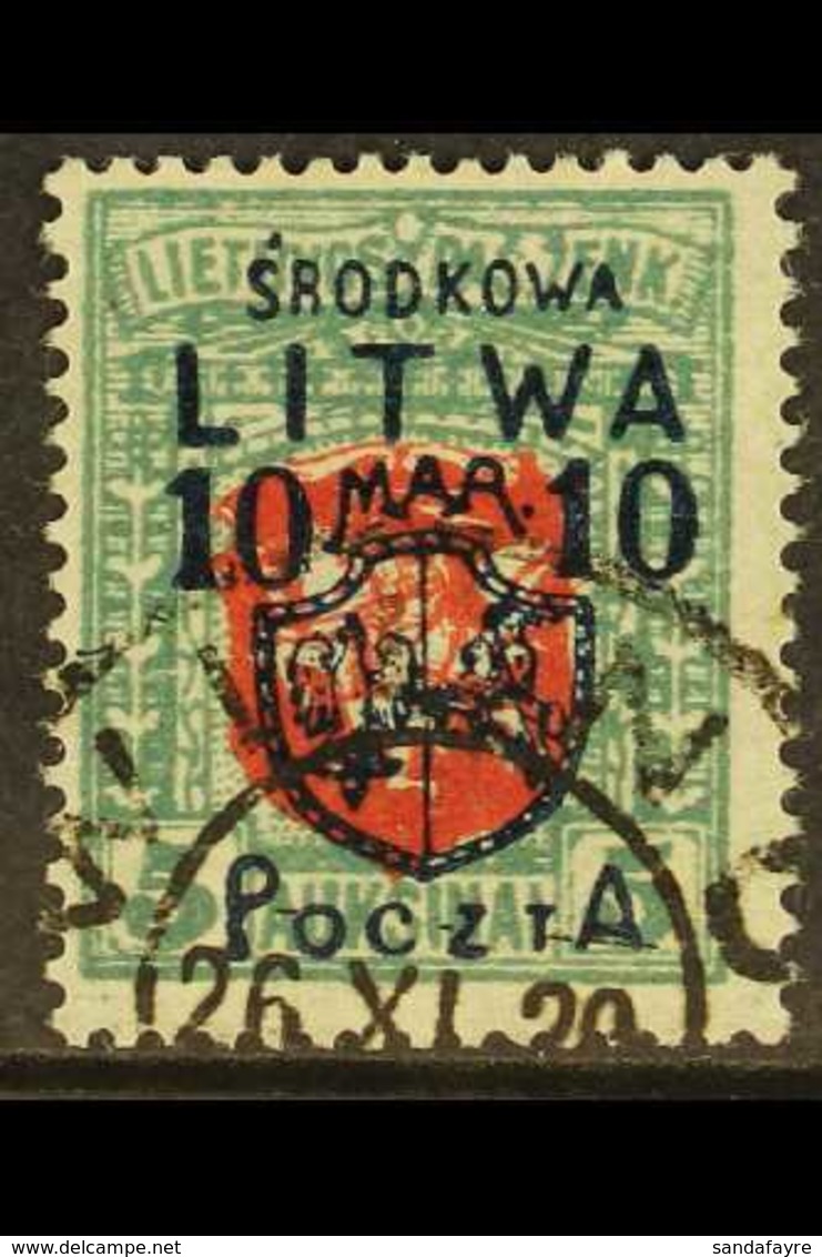 CENTRAL LITHUANIA - POLISH OCCUPATION 1920 10M On 5A Red And Grey Green, Mi 13, Superb Used. Well Centred With Neat Cent - Litauen