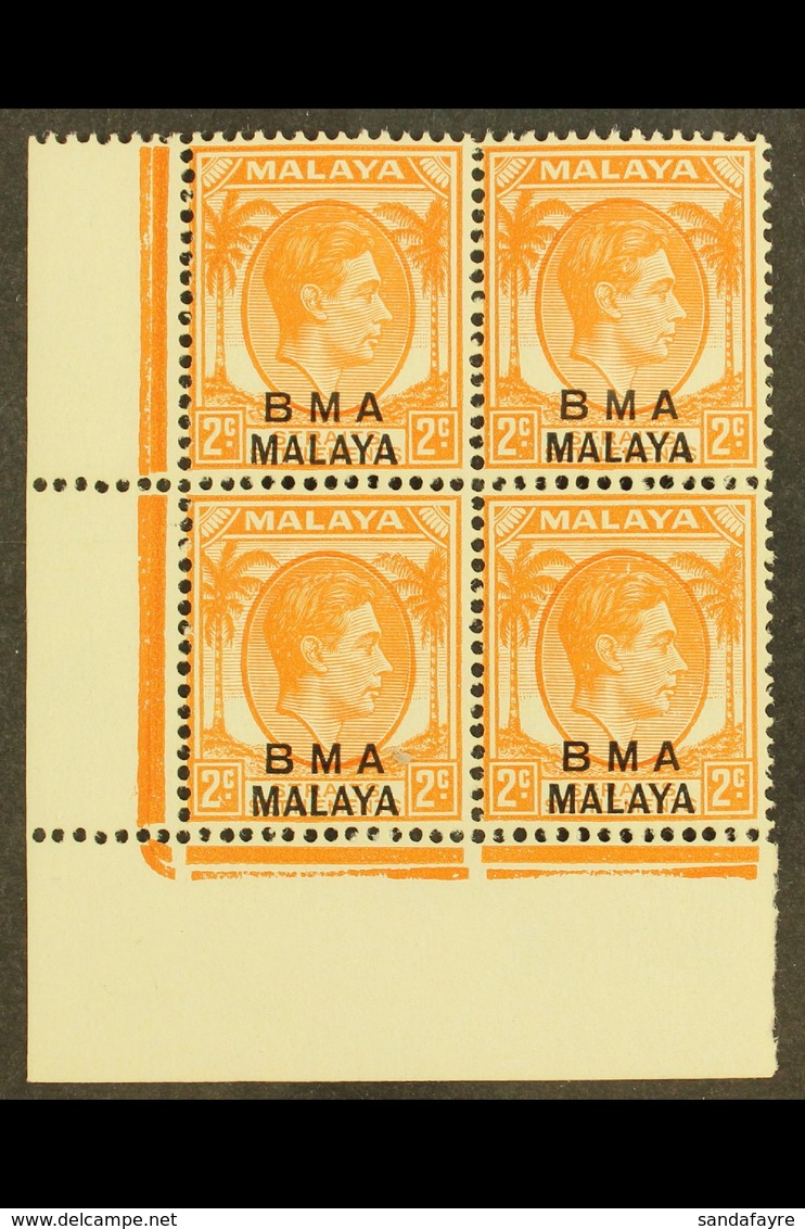 1945-48 2c Orange Die I, SG 3, Superb Never Hinged Mint CORNER BLOCK OF FOUR. For More Images, Please Visit Http://www.s - Malaya (British Military Administration)