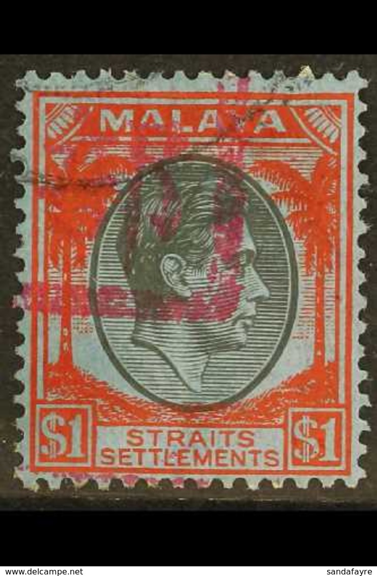 MALACCA 1942 $1 Black And Red On Blue, Straits Settlements, With Part "Malacca Chop" Overprint, SG J55, Superb Used. Rar - Other & Unclassified