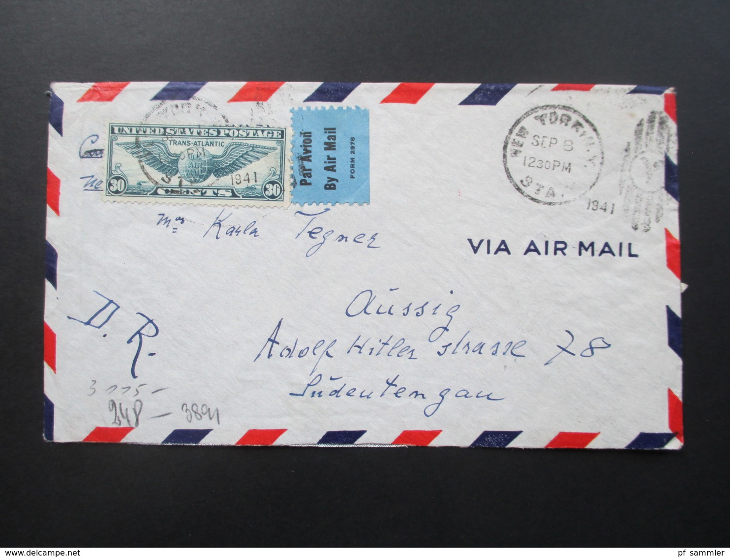 USA 1941 Luftpost / Air Mail Nach Aussig Adolf Hitler Strasse Sudetengau. Zensurbeleg OKW Zensur - Briefe U. Dokumente