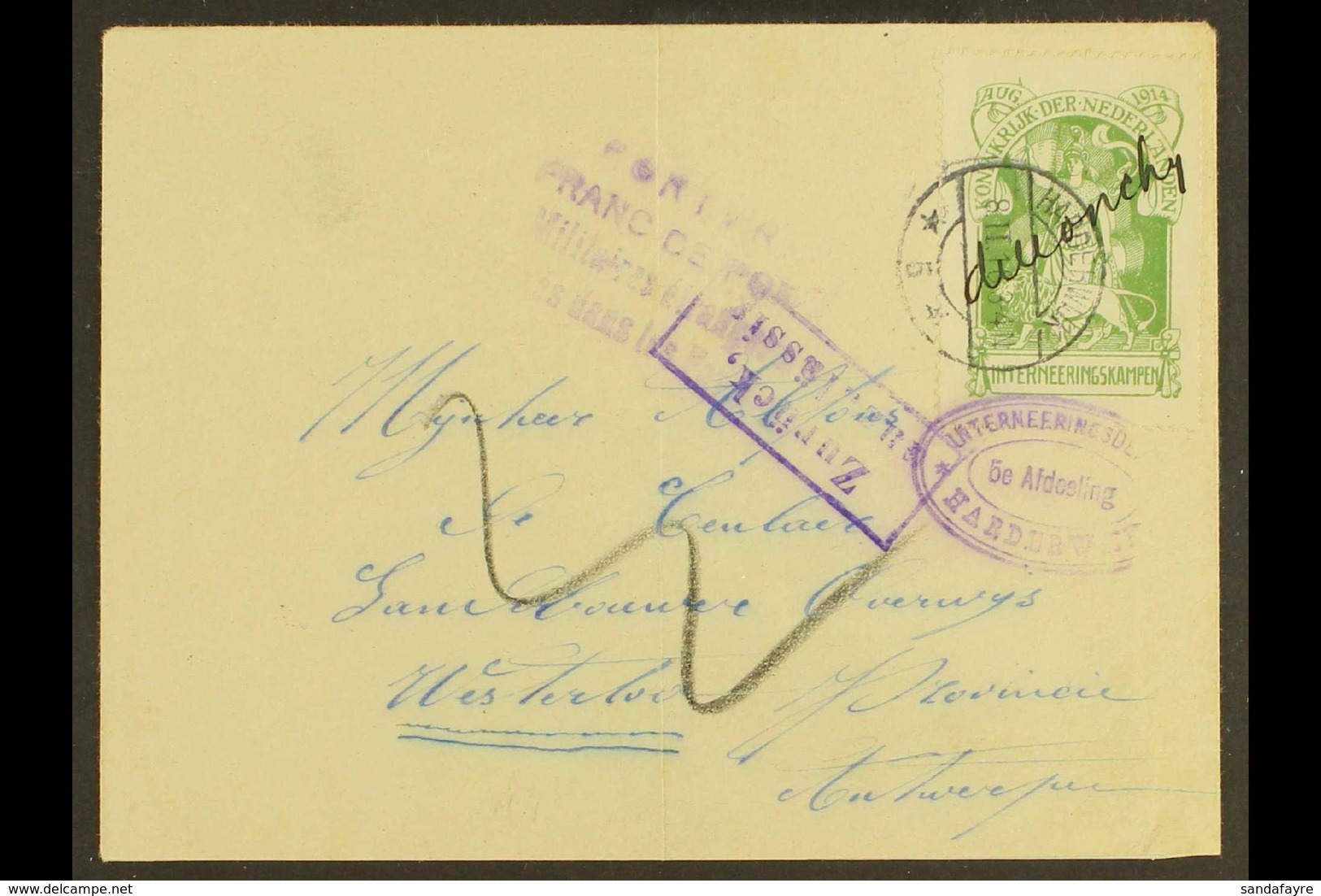 BELGIAN WAR INTERNEE CAMP STAMP ON COVER. 1916 (8 Feb) Cover Addressed To Belgium Bearing War Internee Camp 1916 (-) Gre - Other & Unclassified