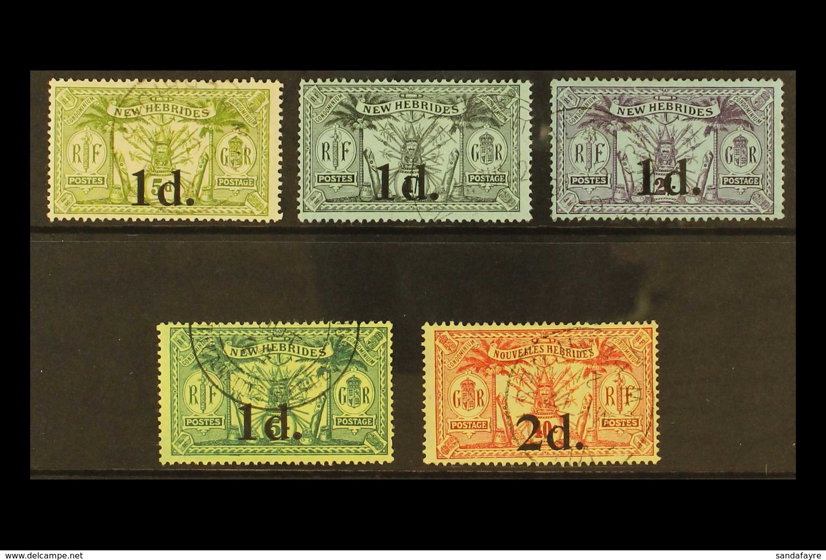 1920-1 1d Surcharges On English Stamps, Plus 2d On 40c French Inscribed Stamps (SG F16), SG 30/4, Very Fine Used (5 Stam - Other & Unclassified