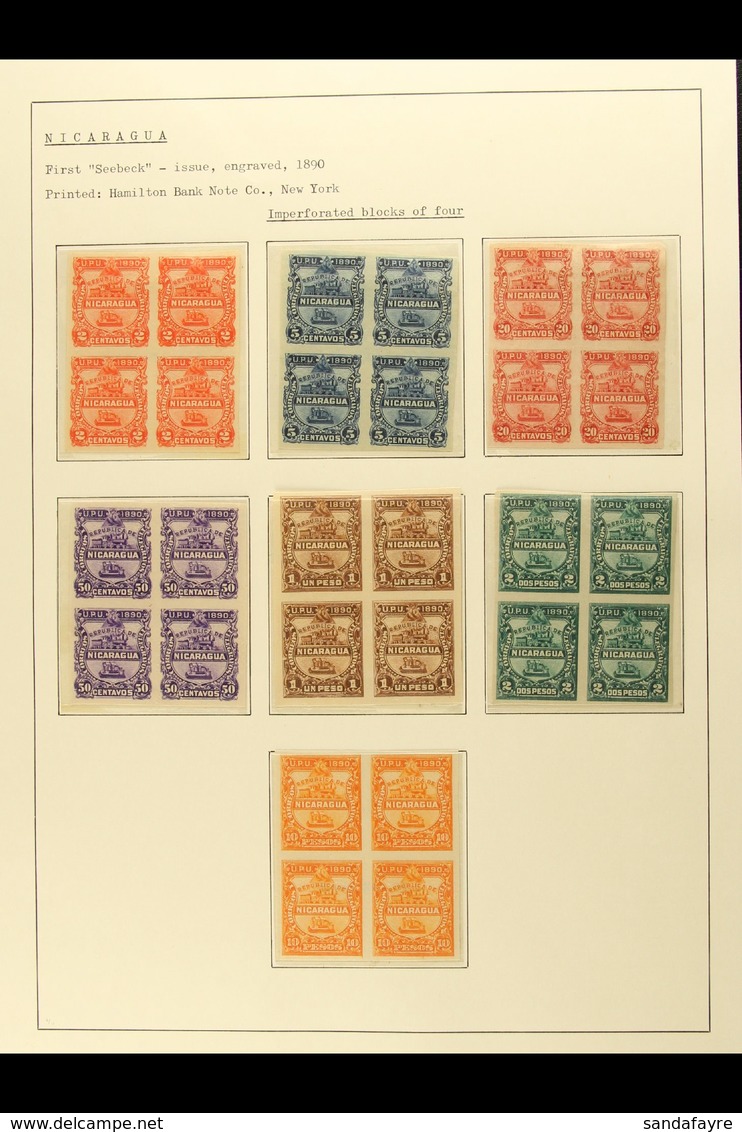 1890 First "Seebeck" Issue Fine Mint IMPERF BLOCKS OF FOUR With 2c, 5c, 20c, 50c, 1p, And 2p, Scott 21a, 22a, 24a, 25a,  - Nicaragua