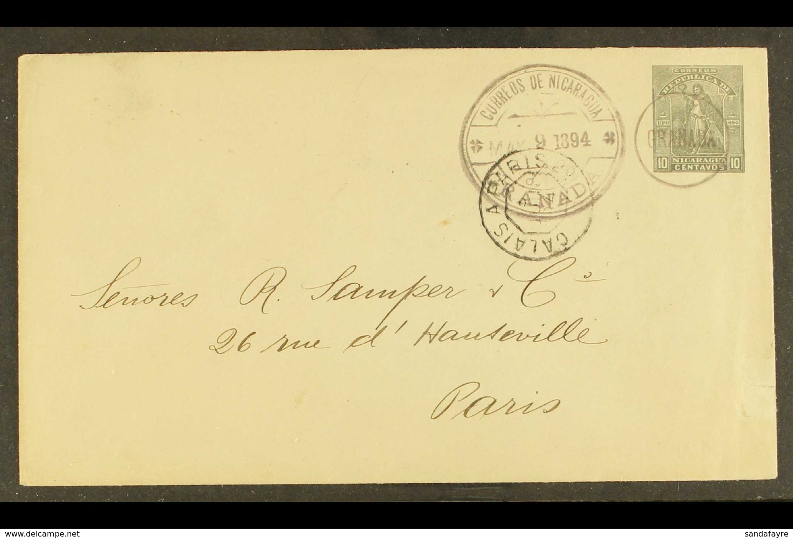 1894 (9 May) 10c Grey Postal Stationery Envelope (Higgins & Gage 25) To Paris With Fine "GRANADA" Circular Cachet Alongs - Nicaragua