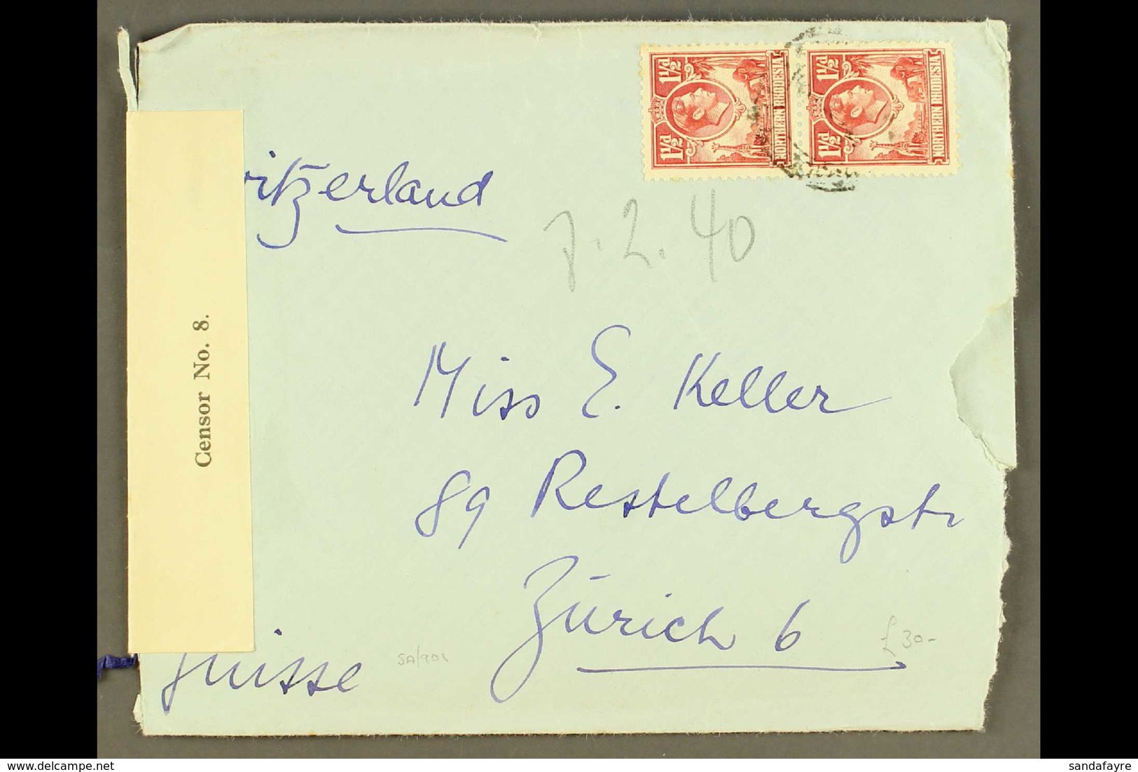 1941 (Feb) Envelope With Original Letter Sesheke To Switzerland (rough Opened At Right), Bearing 1½d Carmine Pair, "NORT - Nordrhodesien (...-1963)