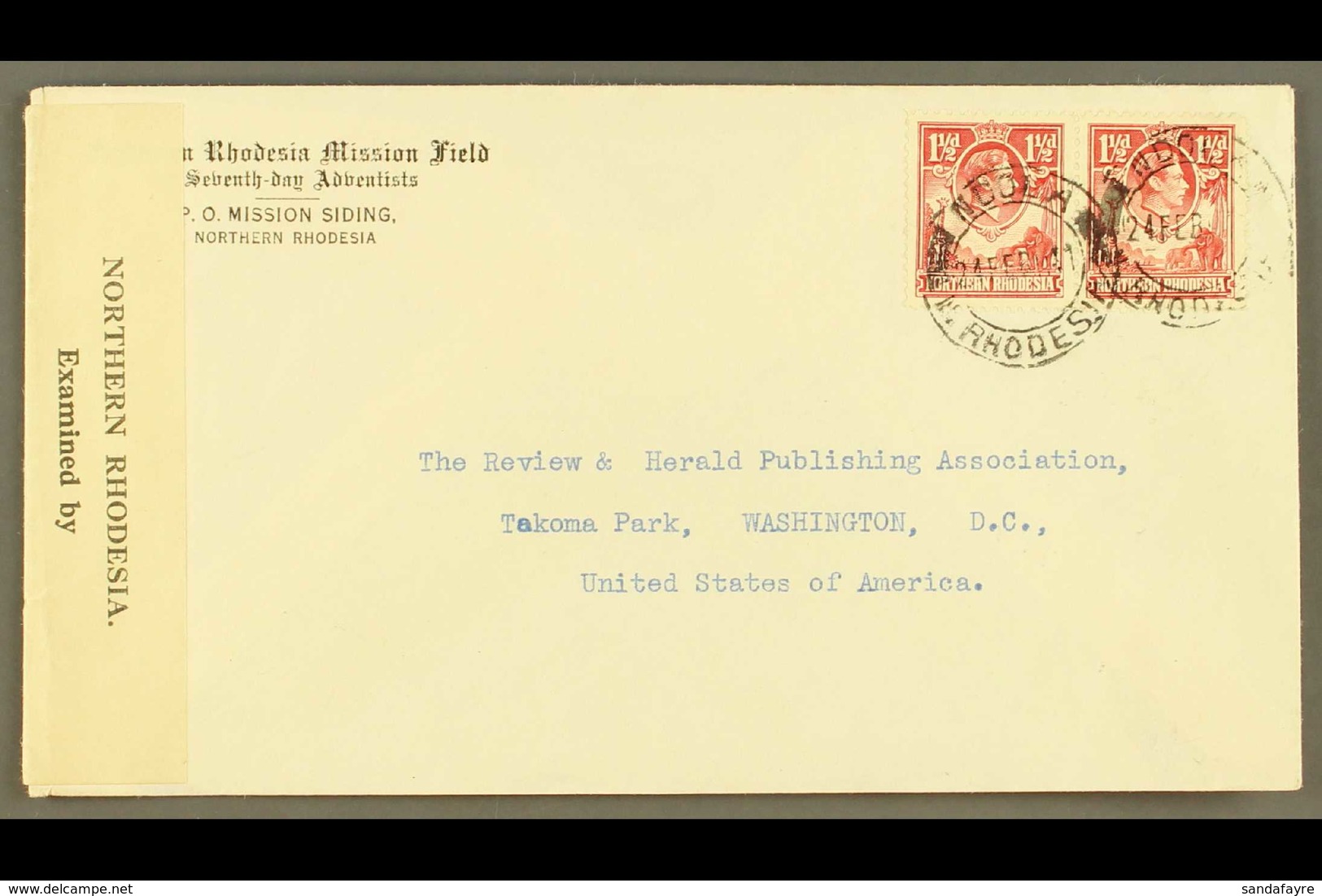 1941 (Feb) Printed Seventh Day Adventists, Mission Siding Envelope To USA, Bearing 1½d Carmine Pair Tied By Ndola Cds's, - Rhodesia Del Nord (...-1963)