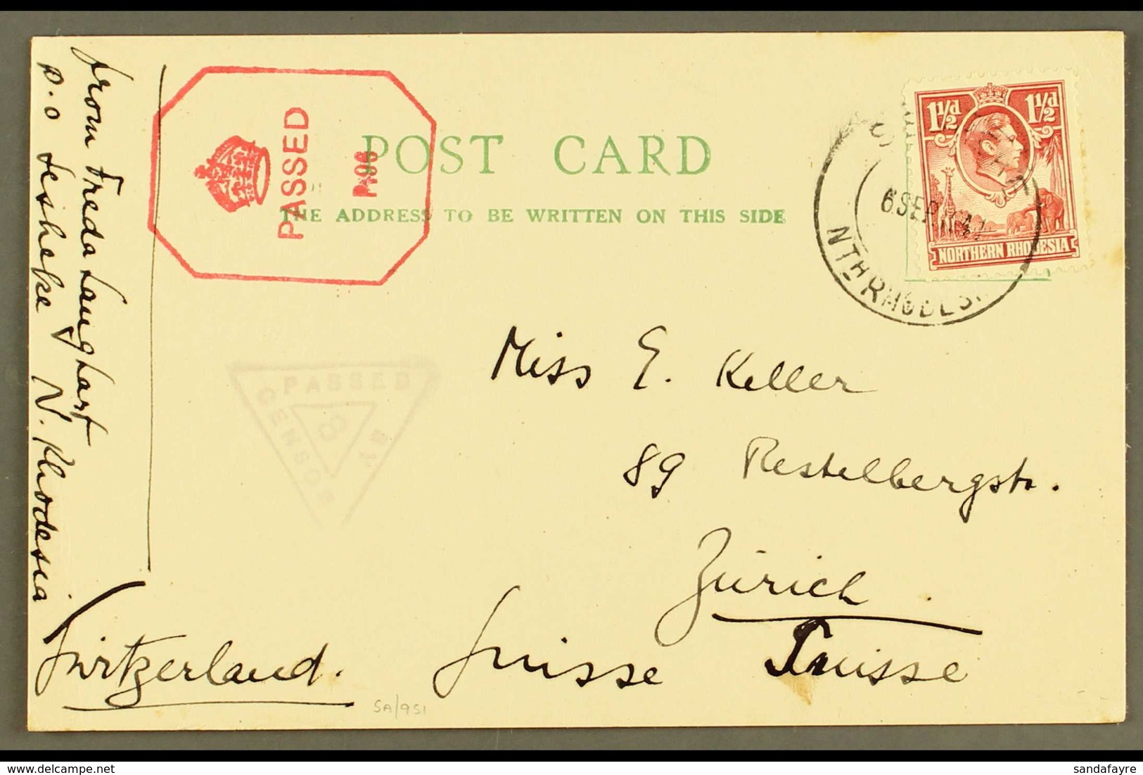 1941 (Sept) Postcard To Switzerland, Bearing 1½d Carmine Tied Sesheke Cds, Triangular "PASSED BY CENSOR/8" And Further C - Nordrhodesien (...-1963)