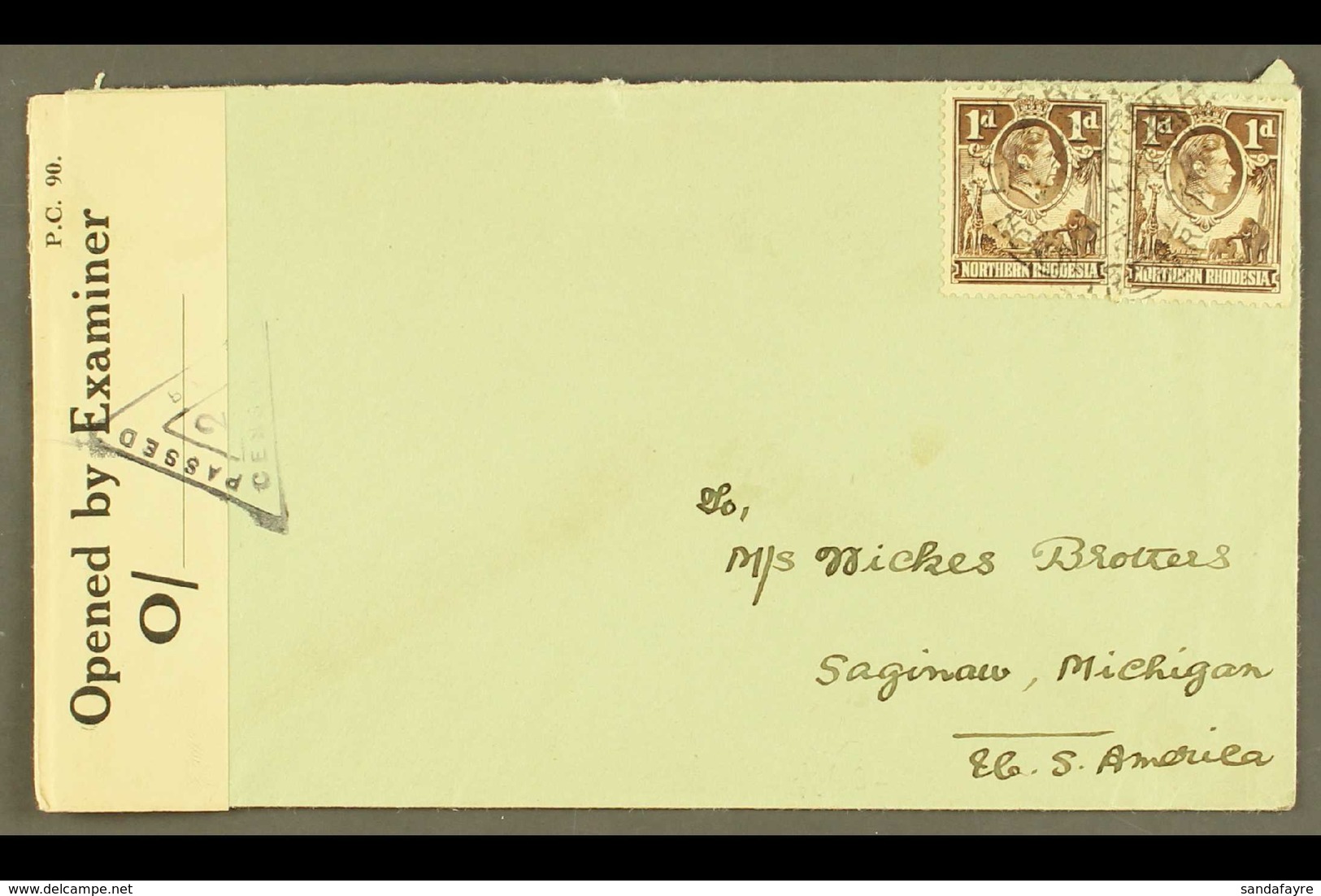 1942 (March) Envelope To USA, Bearing 1d Brown Pair, Tied Luasaka Cds's, And At Left Opened By Examiner Reseal Tape Canc - Rhodésie Du Nord (...-1963)