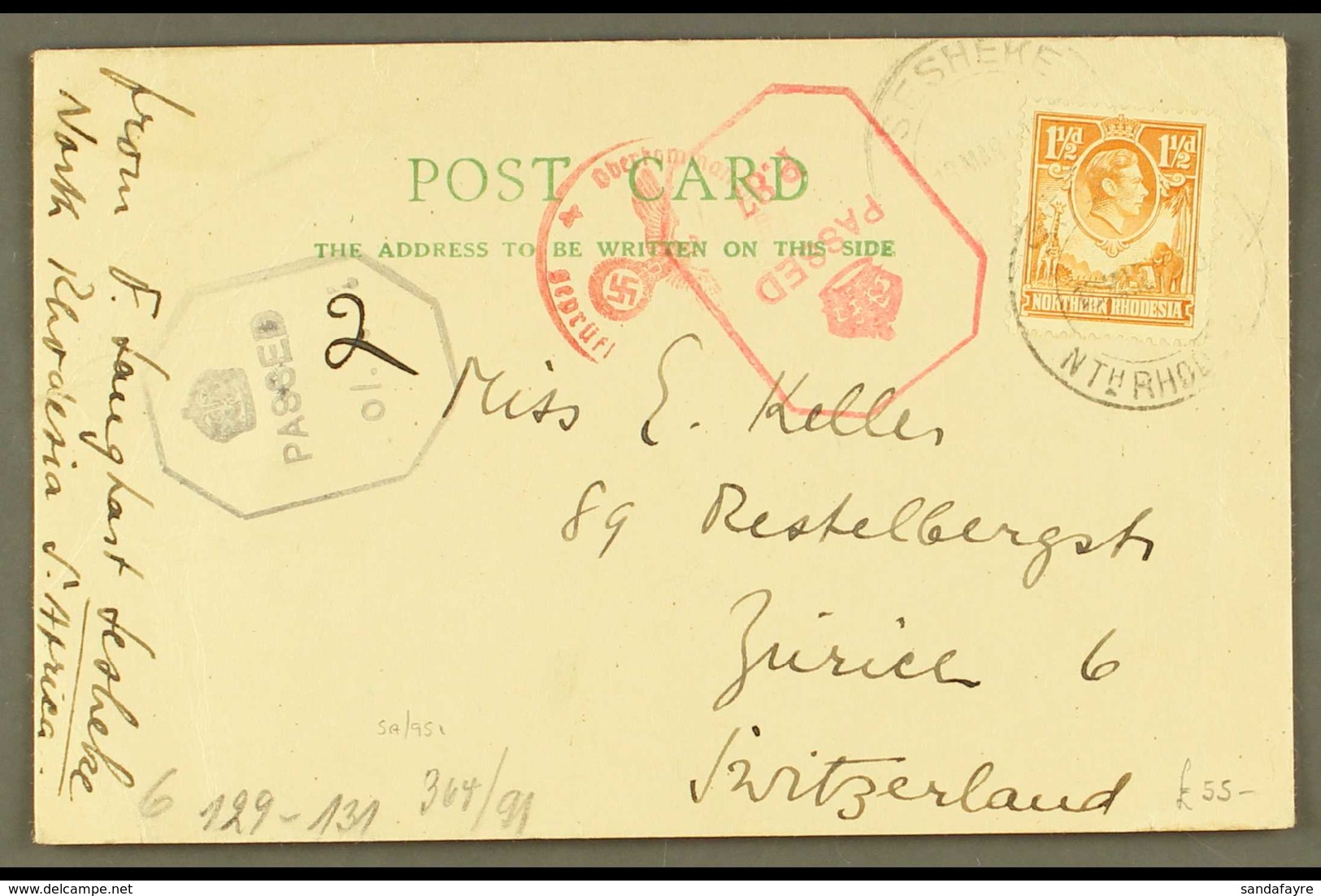 1943 (March) Postcard To Switzerland, Bearing 1½d Orange, Tied By Sesheke Cds, With Two British Type Censor Marks, Plus  - Nordrhodesien (...-1963)