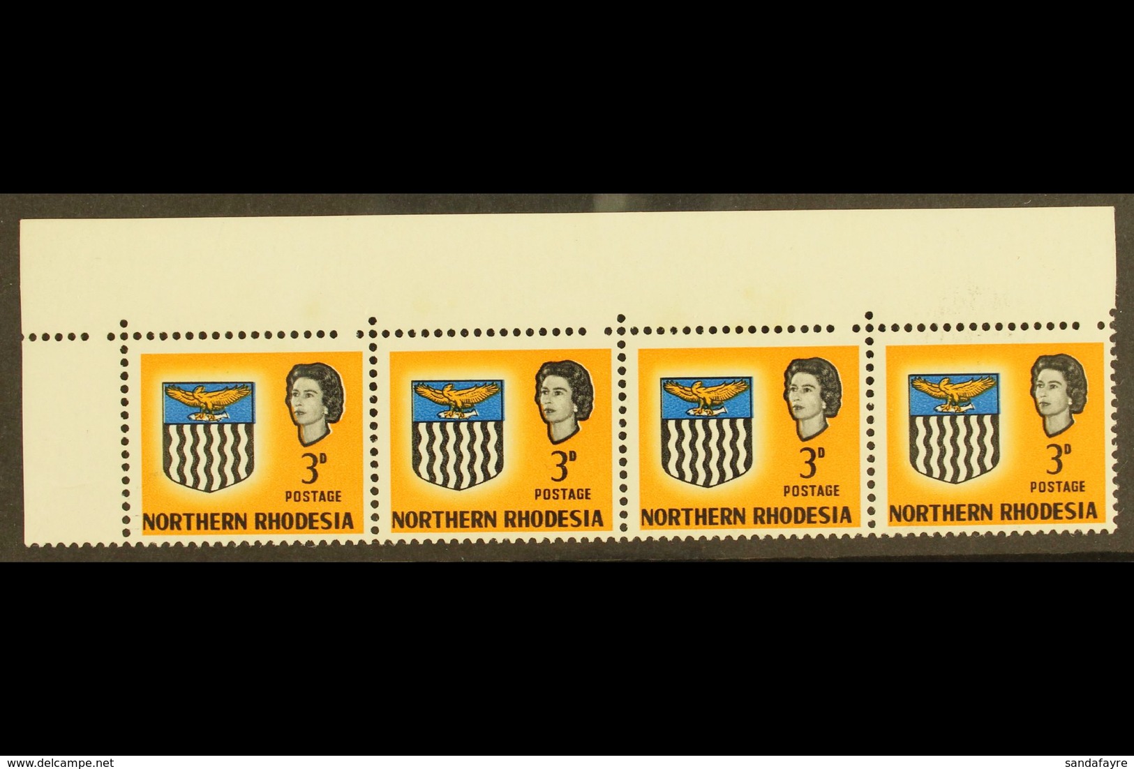 1963 3d Top Marginal, Horizontal Strip Of Four, Each Showing Missing Perf. Hole VARIETY Between Stamp And Margin, SG 78, - Nordrhodesien (...-1963)