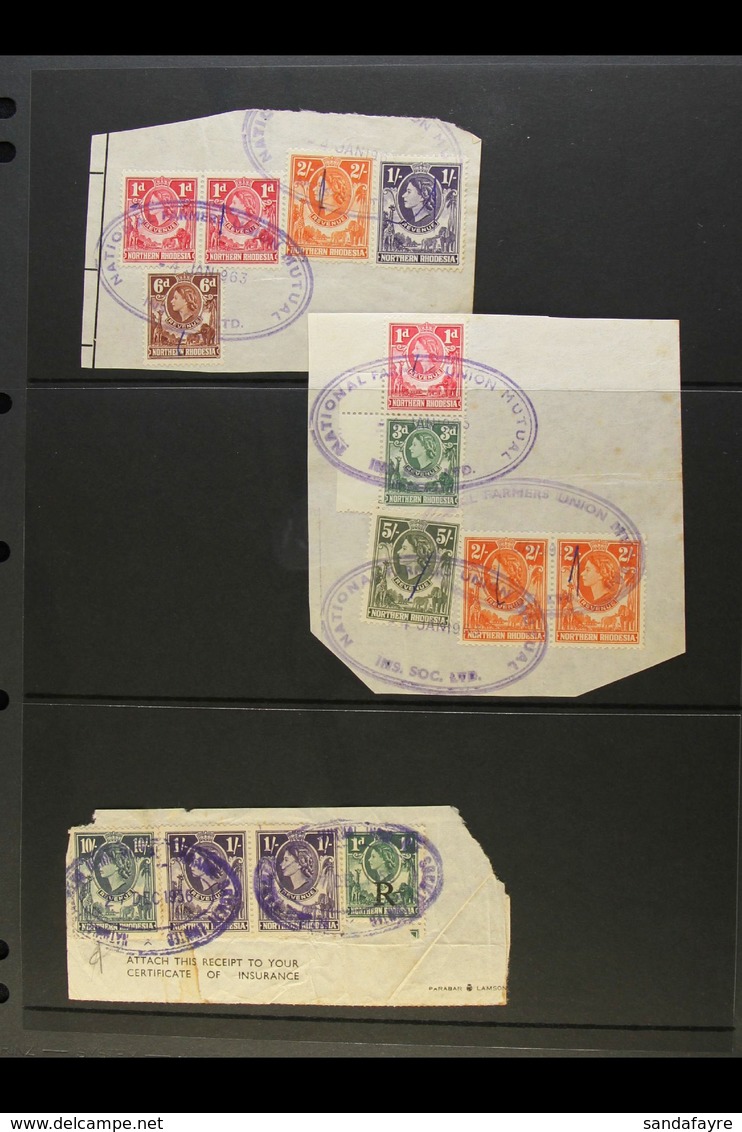 REVENUES 1955 Values Used On Piece, Includes All Values To 2s, Plus 5s & 10s In Various Combinations On Three Pieces, No - Nordrhodesien (...-1963)