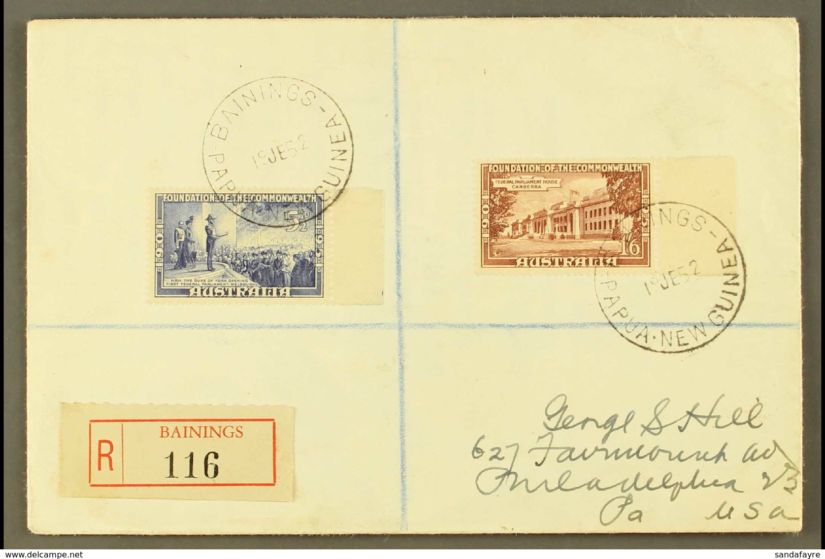 1952 (19th June) Neat Registered Cover To USA, Bearing Australia Foundation Of The Commonwealth 5½d And 1s6d Tied By Cri - Papua-Neuguinea