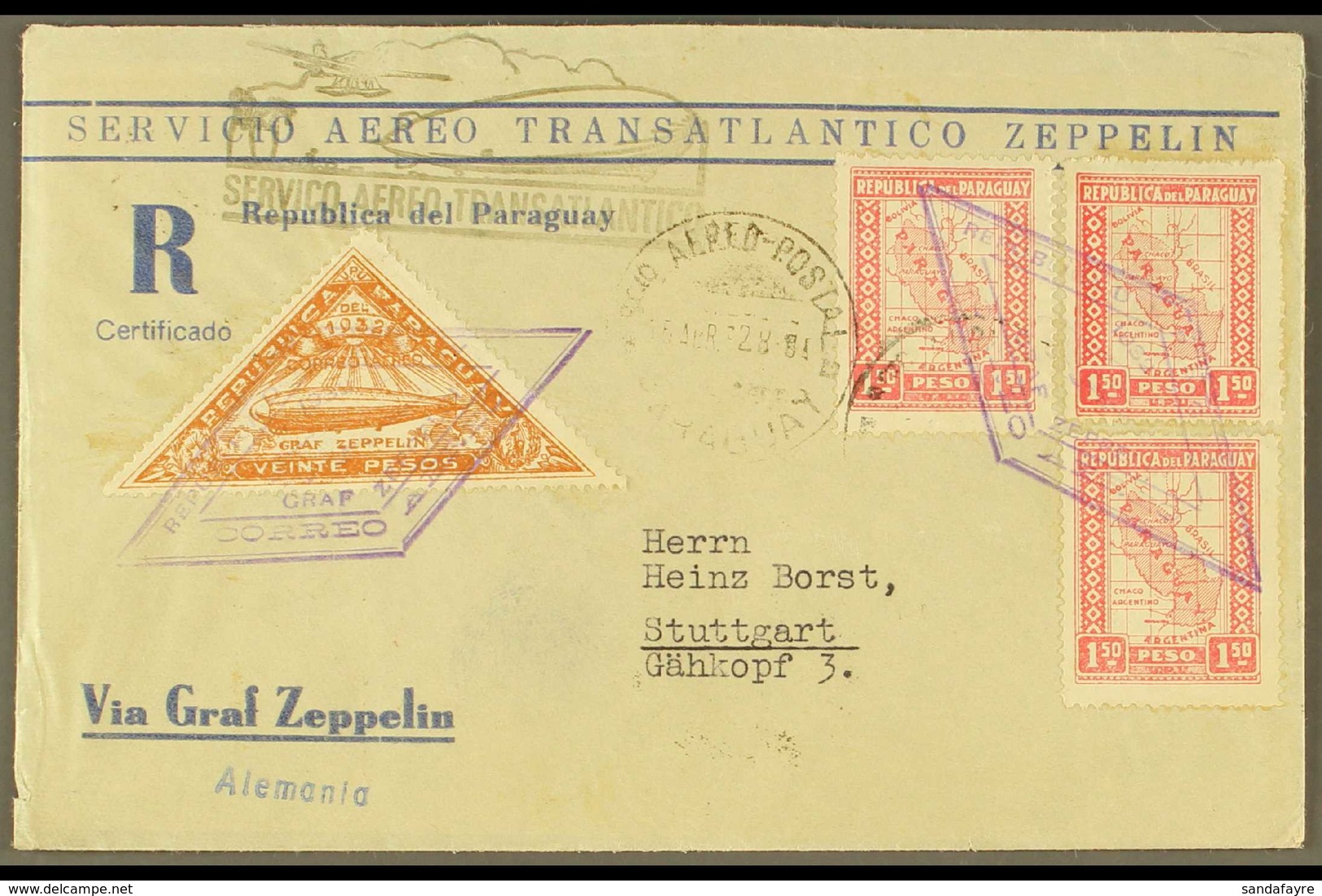 1928 Registered Zeppelin Stationery Cover To Germany Franked 1.50p Map (3), And 1932 20p Brown Zeppelin Adhesive Tied By - Paraguay