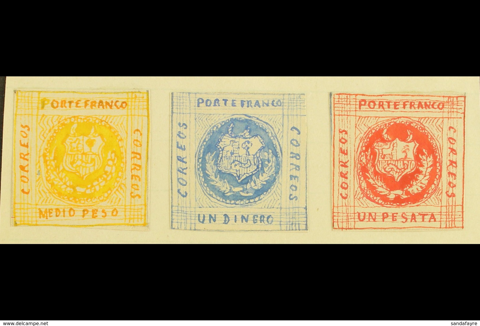 1861 HAND PAINTED STAMPS Unique Miniature Artworks Created By A French "Timbrophile" In 1861. Three Values With Similar  - Peru