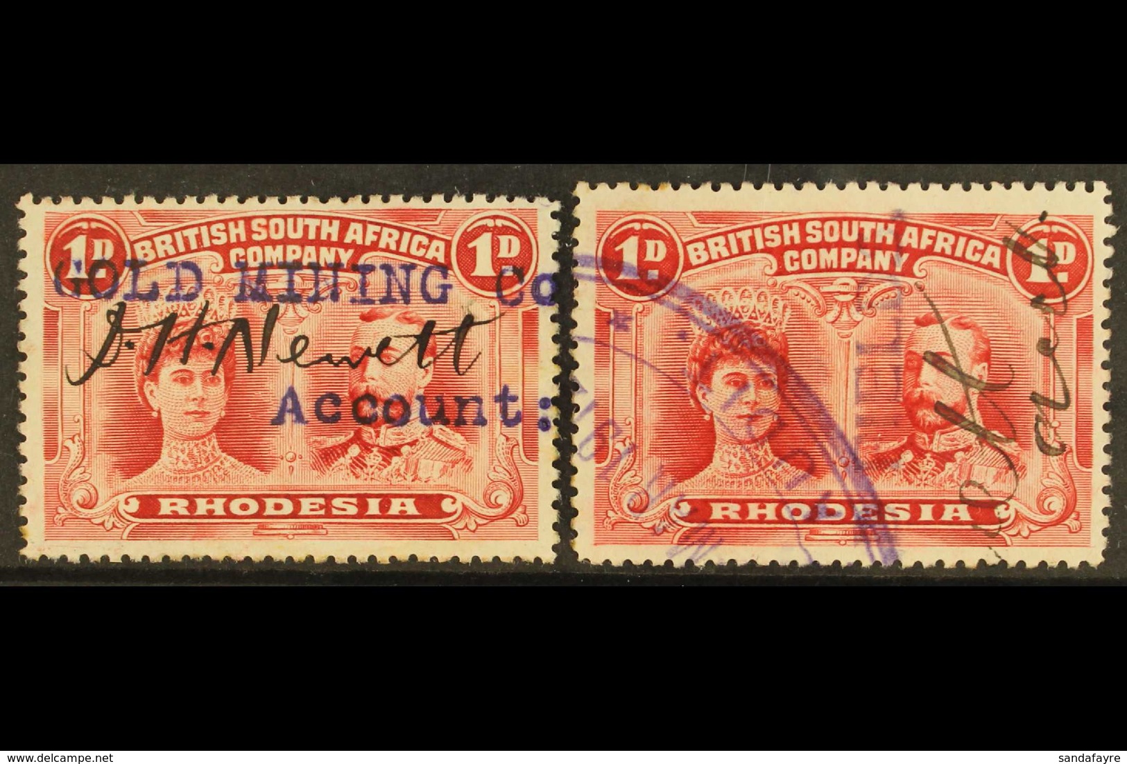 GOLD MINING 1910-13 1d Carmine Double Heads, Fiscally Used Circa 1912, With "Gold Mining Co" And "Goldfields" Overprint/ - Sonstige & Ohne Zuordnung