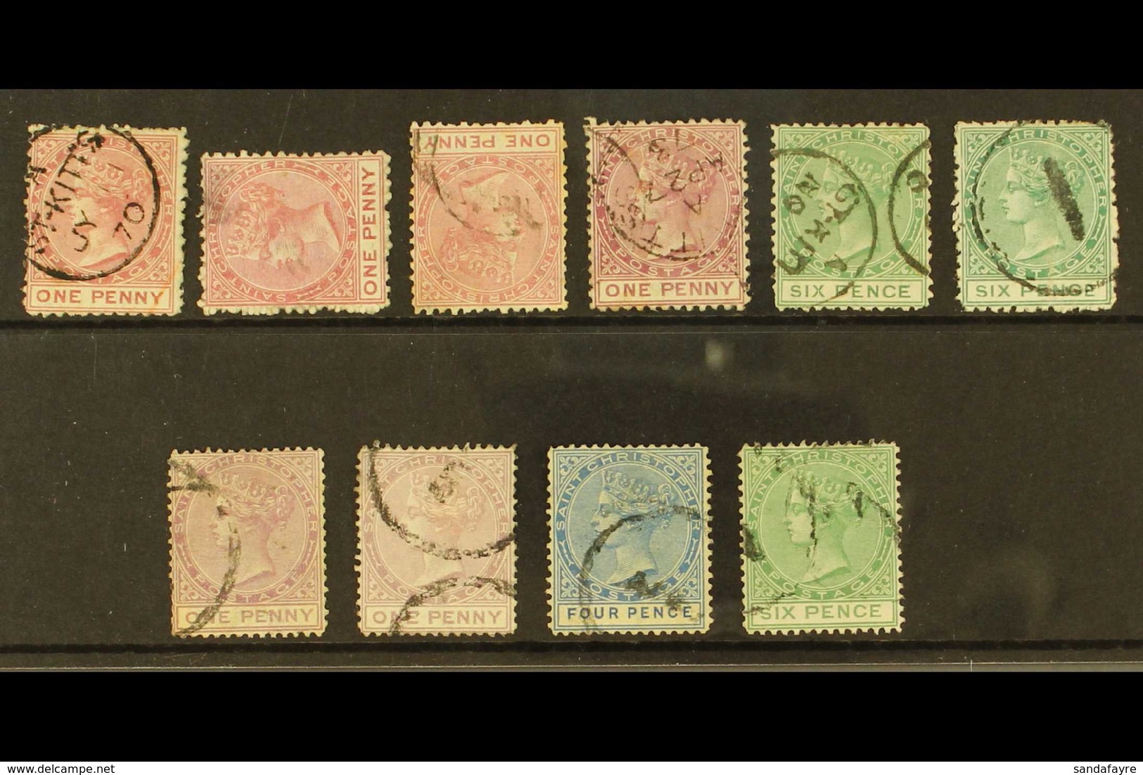 1870-82 Watermark Crown CC Used Group With (perf 12½) 1d Dull Rose Plus Both Wmk Sideways (SG1a) And Wmk Inverted (SG1w) - St.Cristopher-Nevis & Anguilla (...-1980)