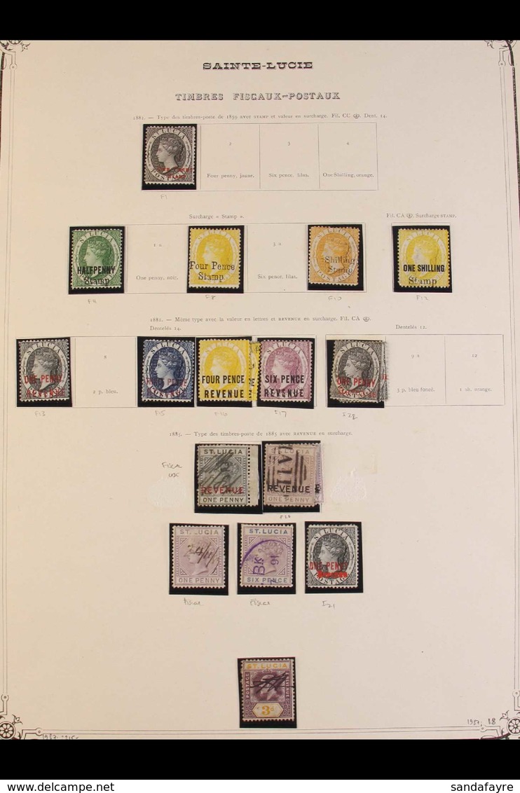 POSTAL FISCALS 1881-5 RANGE On Old, Printed Album Page, We See (unused Unless Stated) 1881 "ONE PENNY STAMP" (SG F1), "F - St.Lucia (...-1978)