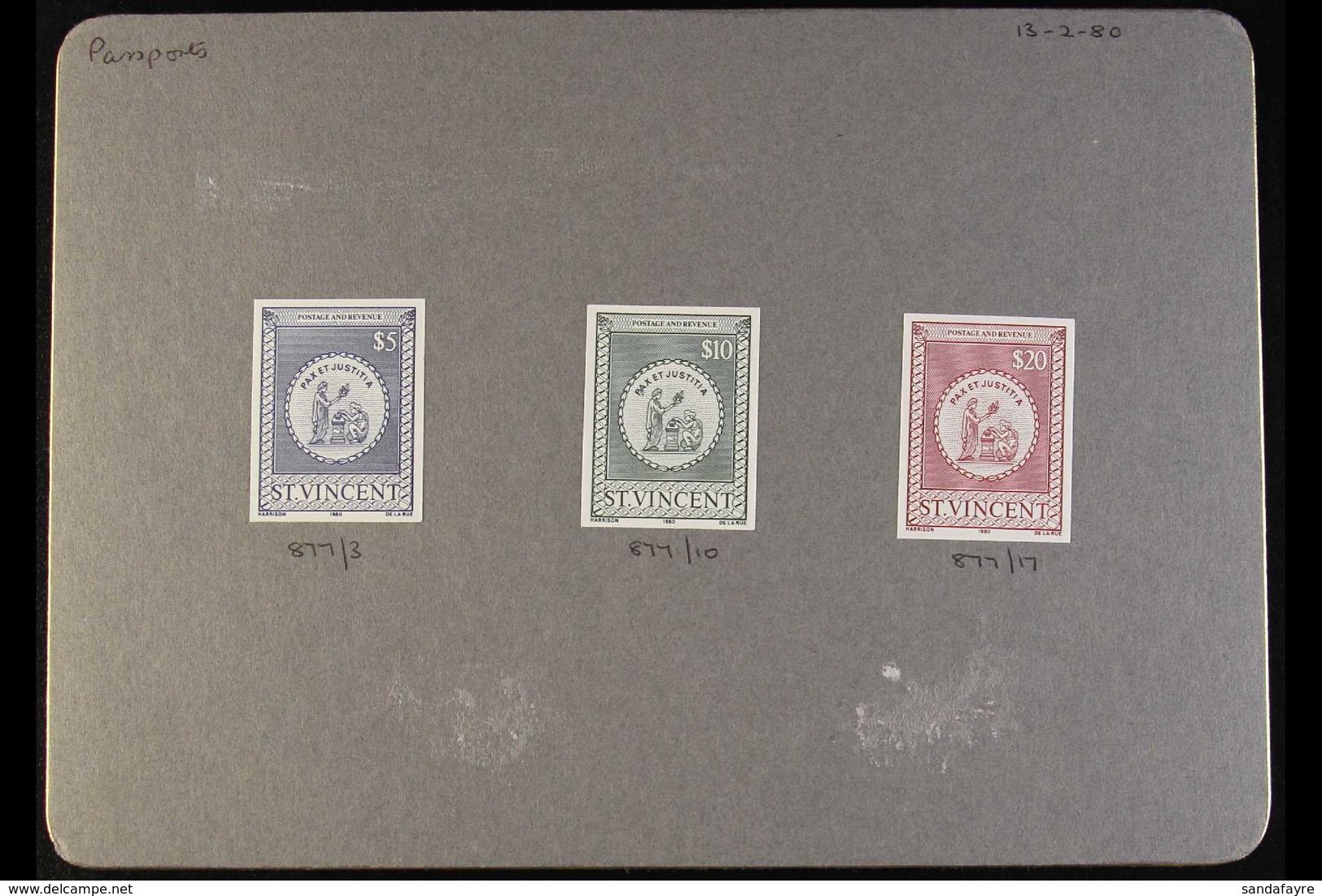 REVENUE 1980 IMPERFORATE PROOF SET, As Barefoot 4/6, With The $5 Blue, $10 Green & $20 Red Presented On Original Grey Ca - St.Vincent (...-1979)