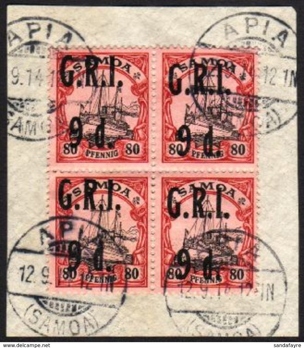 1914 (3 Sept) "G.R.I." Surcharge 9d On 80pf Black And Carmine/rose, SG 109, Very Fine Used BLOCK OF FOUR, On Piece Tied  - Samoa (Staat)