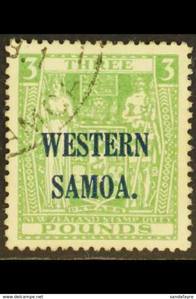 1945 - 1953 £3 Green Postal Fiscal, On Wiggins Teape Paper, SG 213, Very Fine Used. Scarce Stamp. For More Images, Pleas - Samoa (Staat)