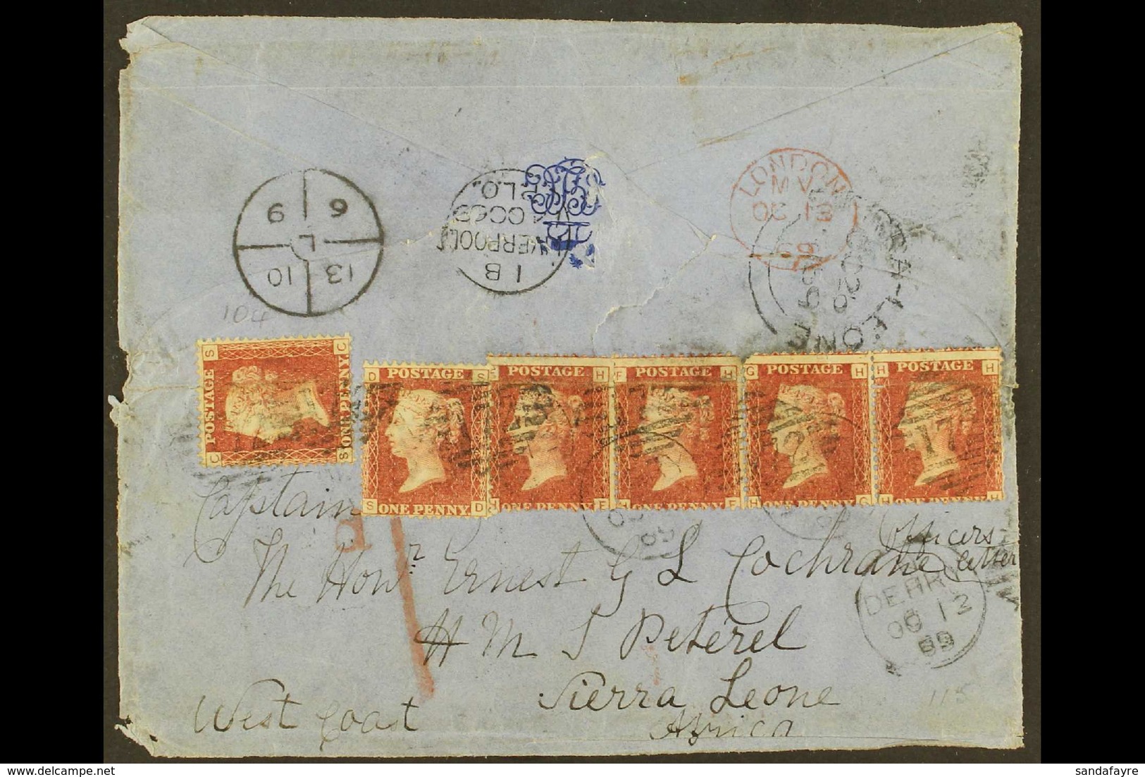 1869 (12 Oct) Env (opened At Sides For Display) Bearing SIX 1d Reds Tied Irish "172" And Derry Datestamps, Endorsed "Off - Sierra Leone (...-1960)